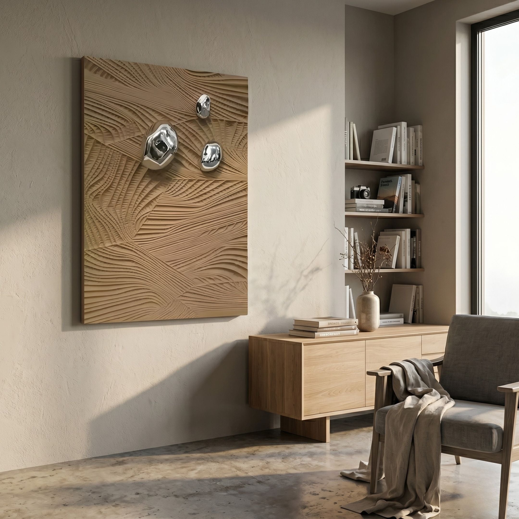Verdara Taupe Wood Relief 3D Wall Art by Giant Sculptures displayed in a modern living room above a light wood sideboard with bookshelves and armchair.
