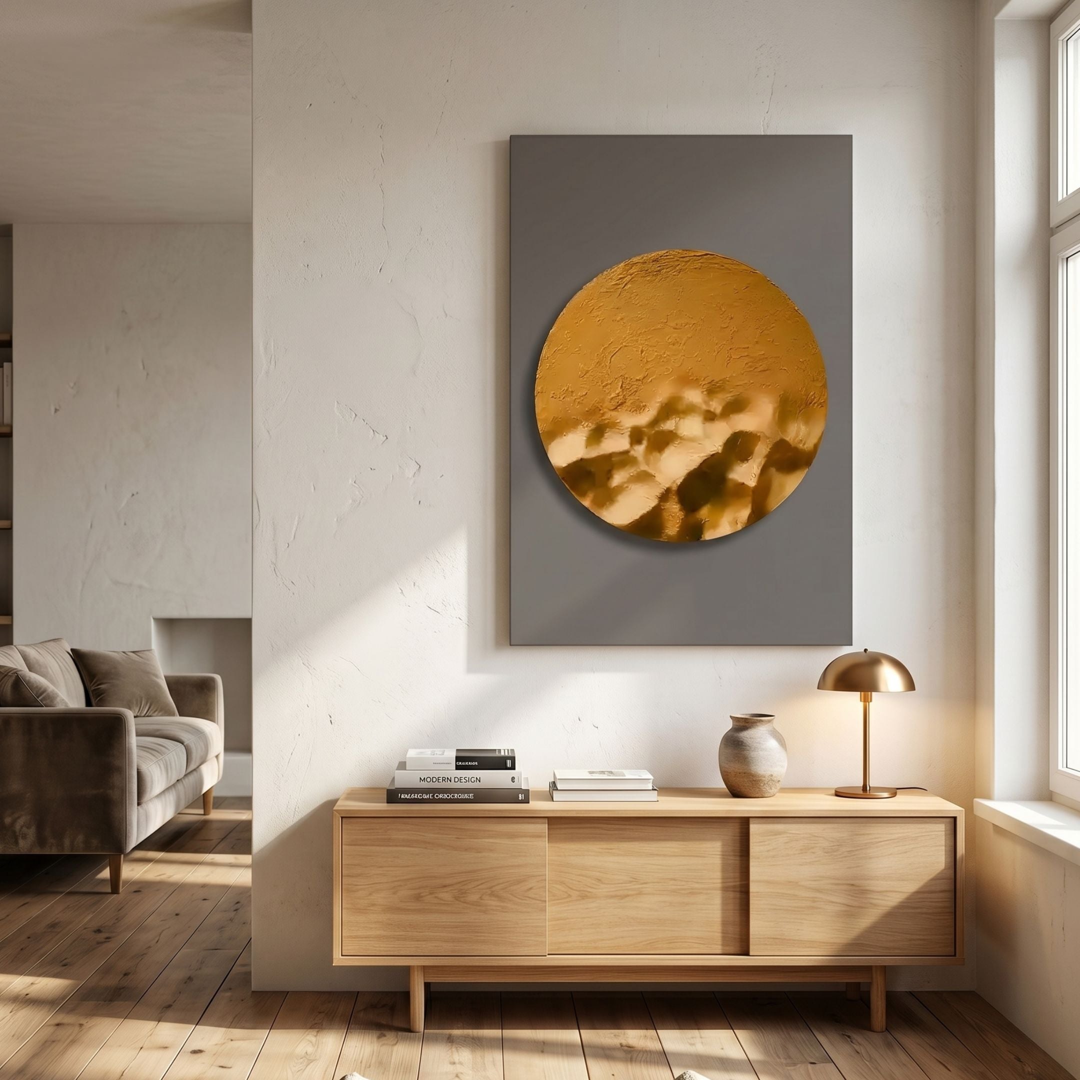 Solivis Amber 3D Wood Relief Wall Art by Giant Sculptures displayed on a grey panel above an oak sideboard with brass lamp in a sunlit living room.