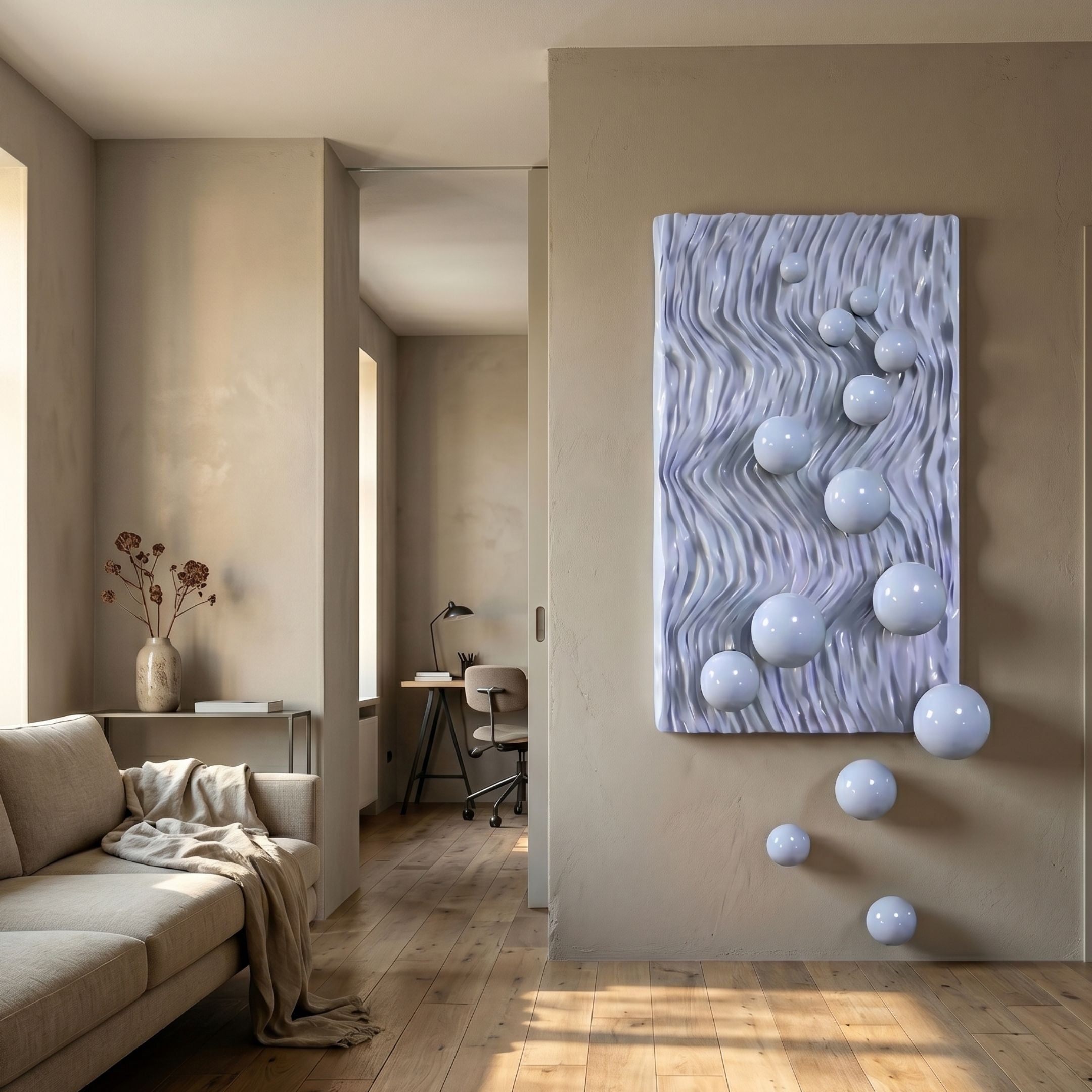Fluxion Lavender 3D Wood Relief Wall Art by Giant Sculptures displayed in a neutral living room, with glossy lavender spheres cascading from the carved panel onto the floor.