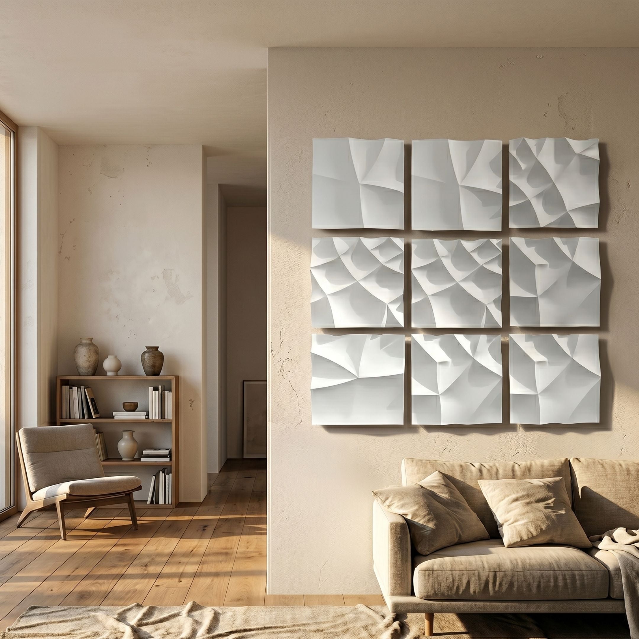 Tessara 9-Panel Set White 3D Wood Relief Wall Art by Giant Sculptures displayed in a 3×3 grid above a beige sofa in a sunlit wabi-sabi living room.