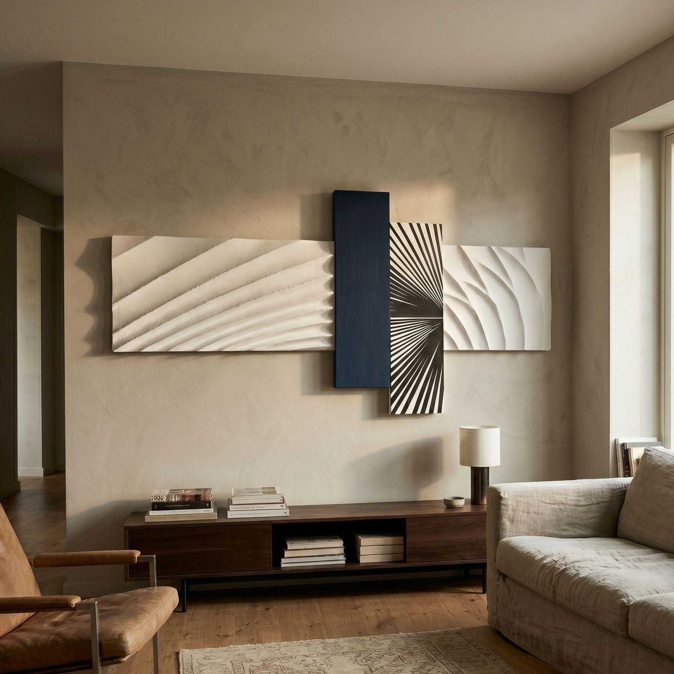 Axentra Midnight Blue & White Geometric Wood Relief 3D Wall Art by Giant Sculptures displayed above a dark wood console in a warm neutral living room.