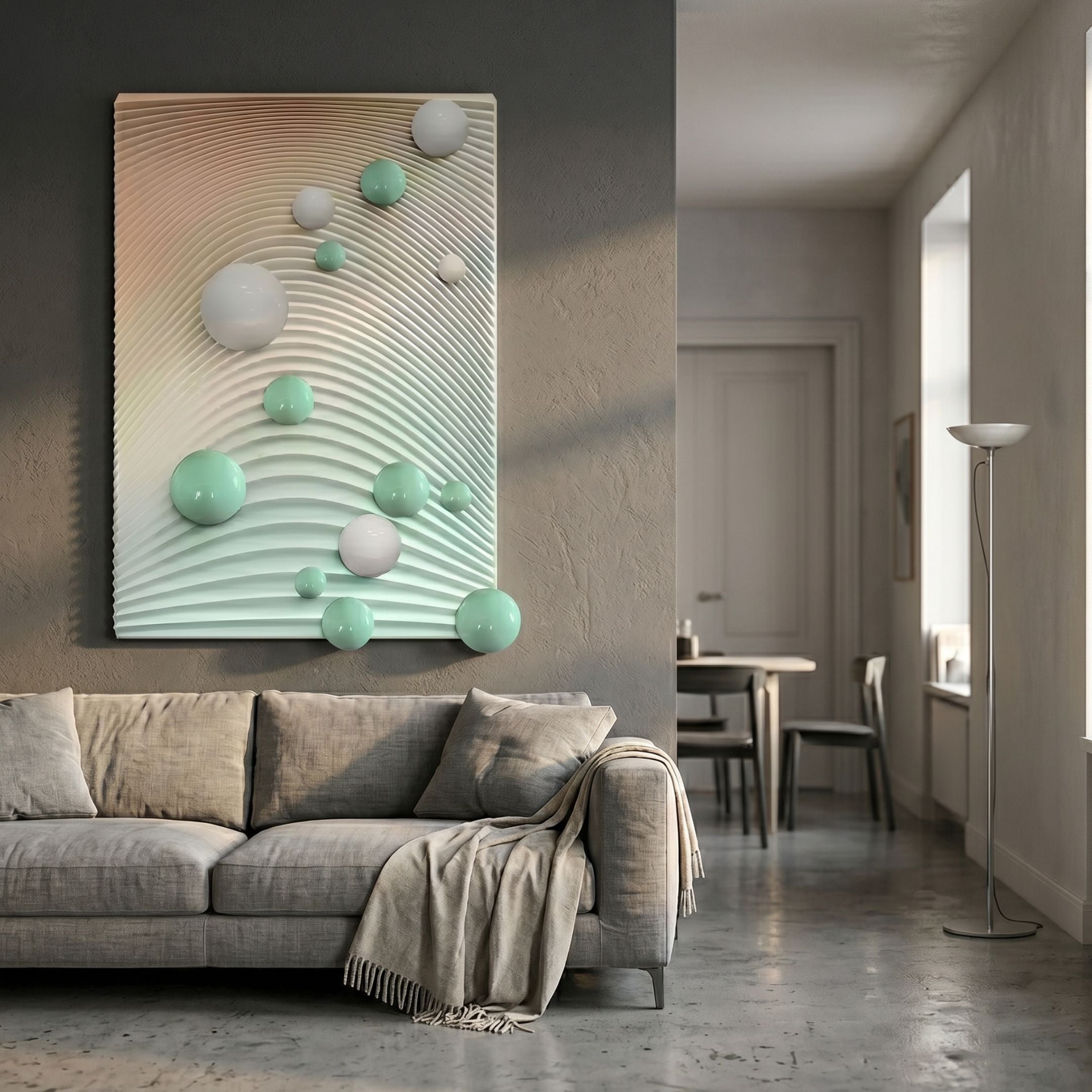 Sphera Gradient 3D Wood Relief Wall Art with mint and white metal spheres displayed above a grey sofa in a modern living room by Giant Sculptures.