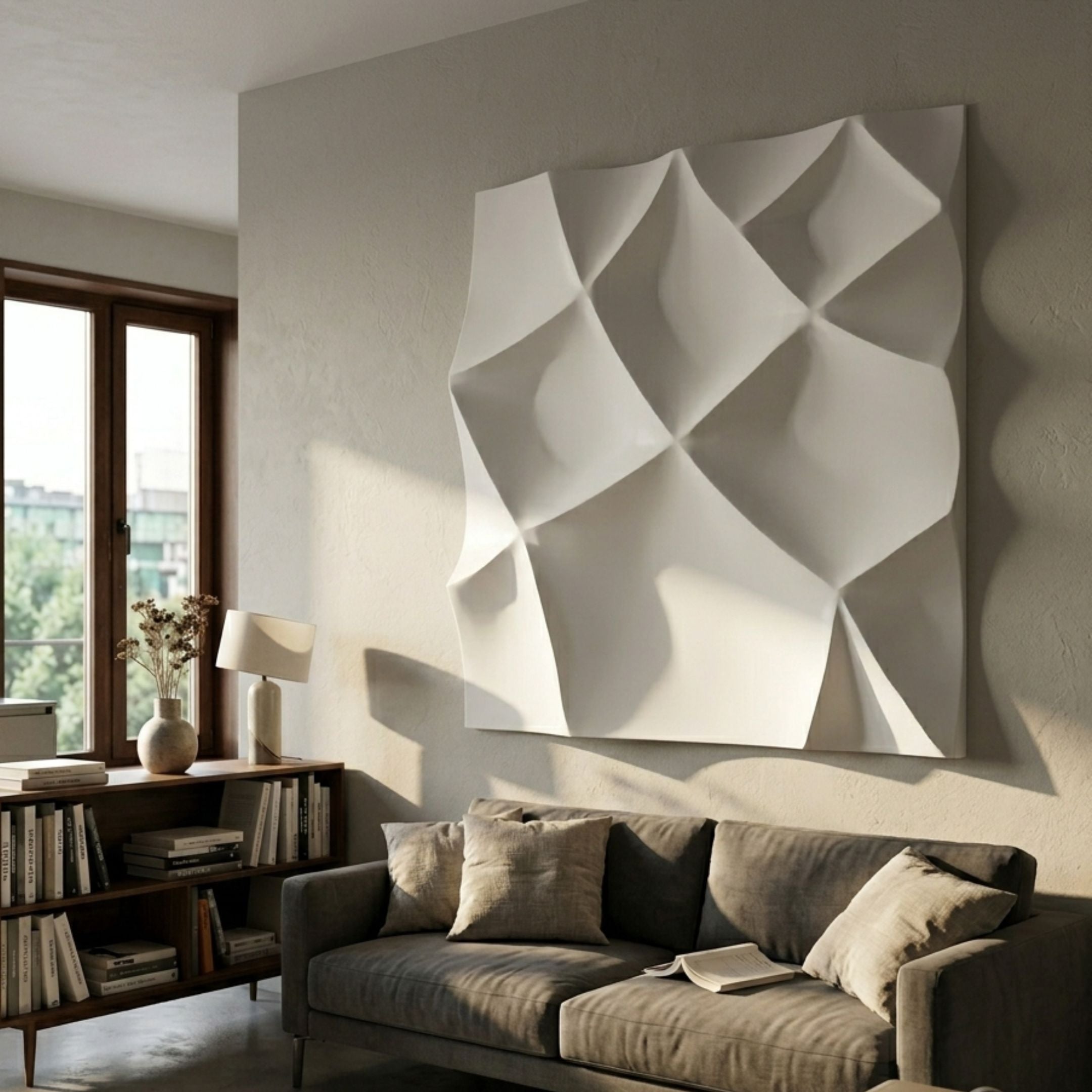 Tessara II White 3D Wood Relief Wall Art by Giant Sculptures, a large carved geometric panel mounted above a grey sofa in a sunlit living room with bookshelf.