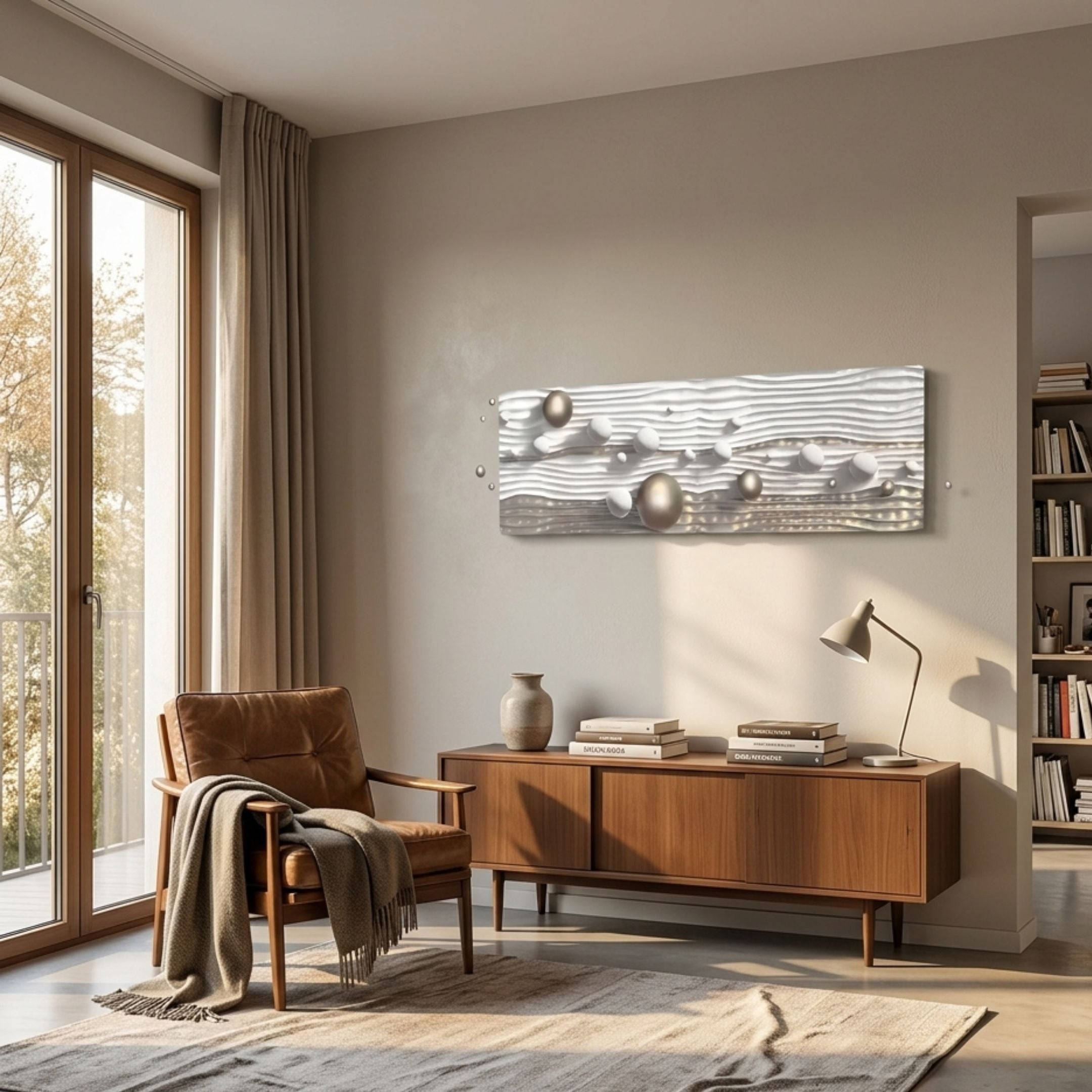 Lustra Gold & White 3D Wood Relief Wall Art by Giant Sculptures mounted above a walnut sideboard beside a leather armchair in a sunlit modern living room.