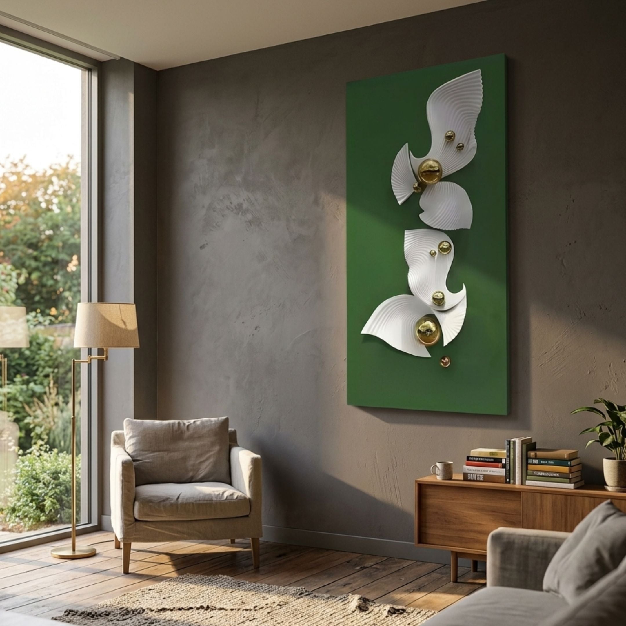 Aurelia Green & White 3D Wood Wall Art by Giant Sculptures displayed in a modern living room above a linen armchair, beside a floor lamp and wooden sideboard.