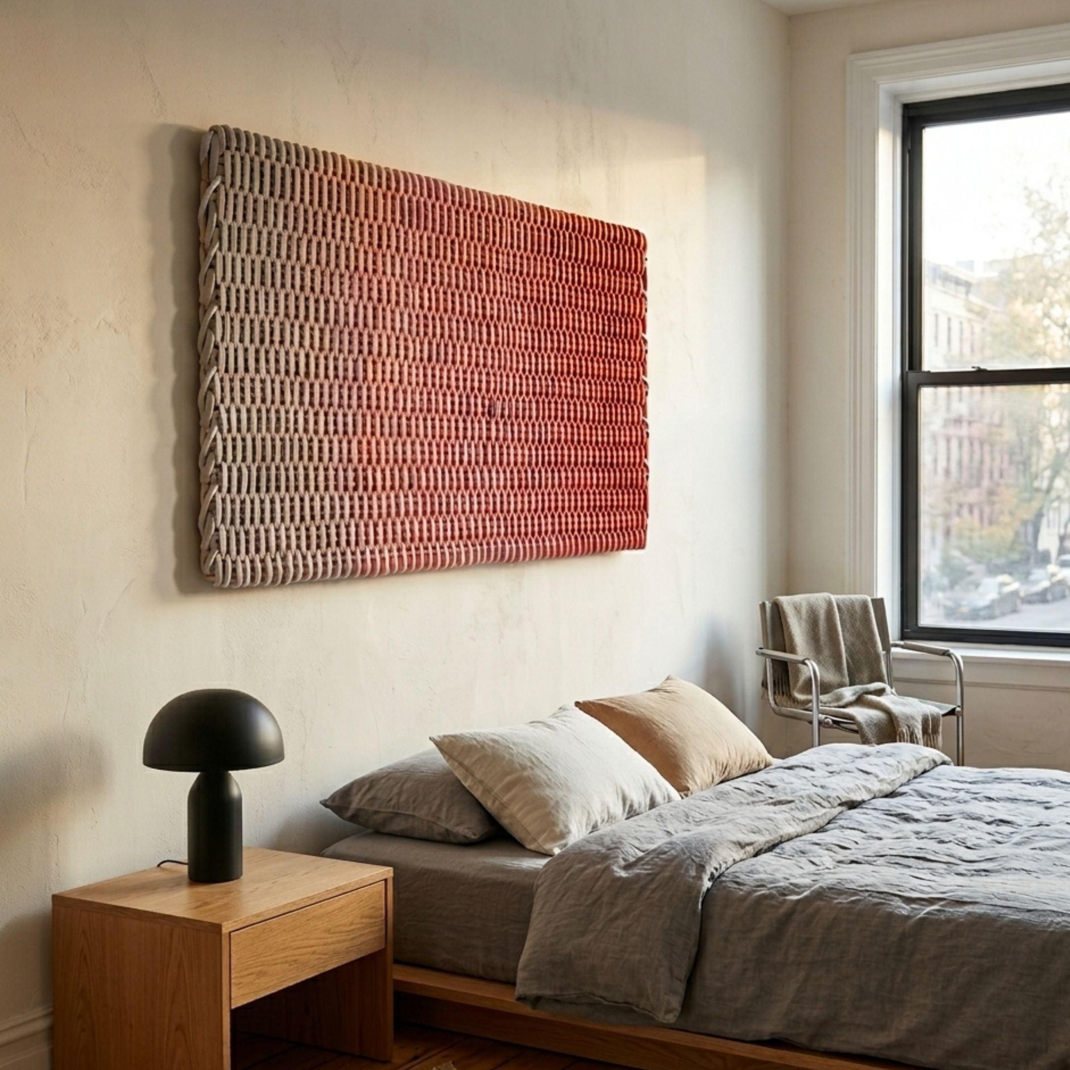 Spectrum Weave Horizontal Rose Blush Wood Relief 3D Wall Art mounted above a linen-dressed bed with oak nightstand and black dome lamp in a sunlit bedroom.