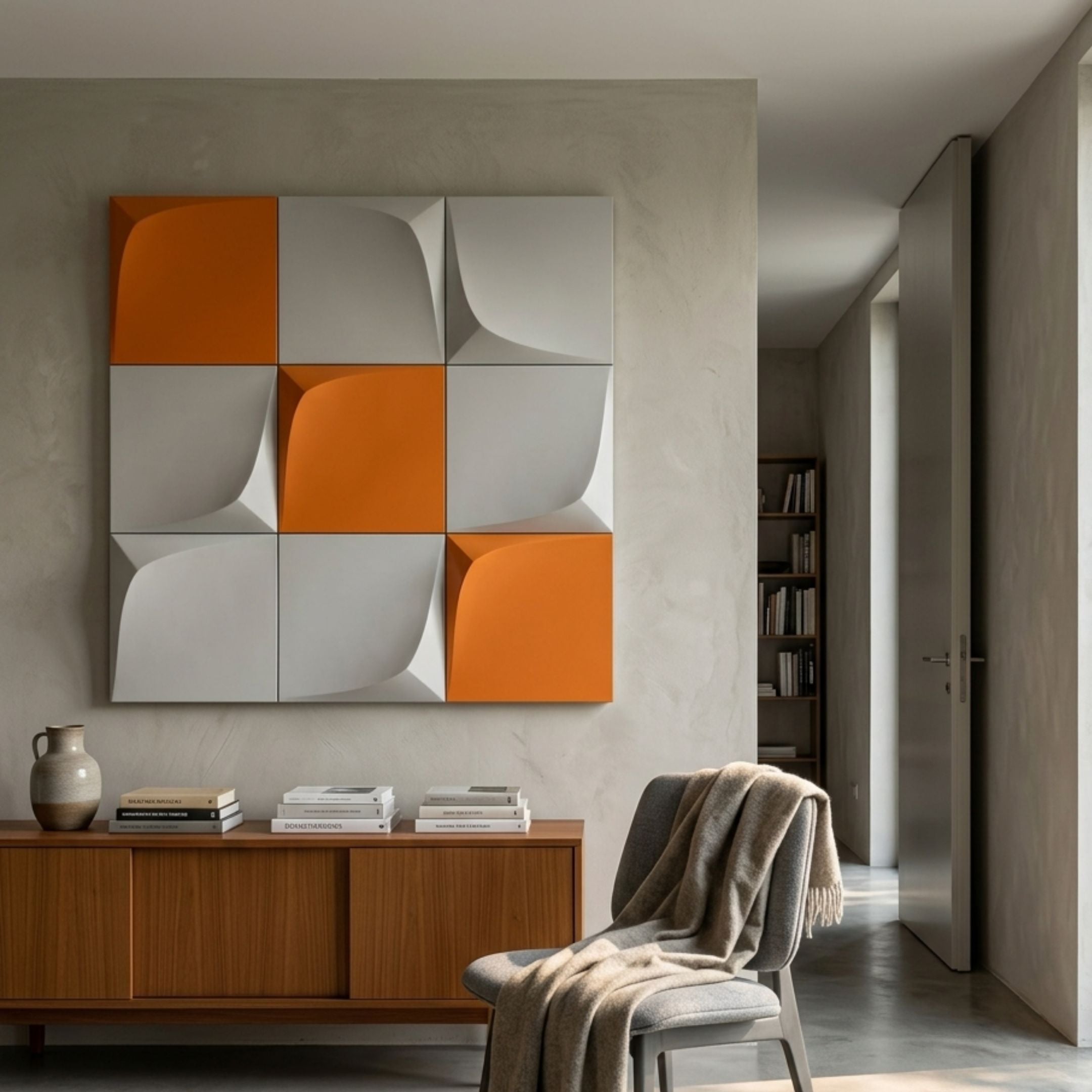 Curvatura White & Orange Grid 3D Wood Relief Wall Art by Giant Sculptures displayed above a wooden sideboard with books and a vase in a minimalist room.
