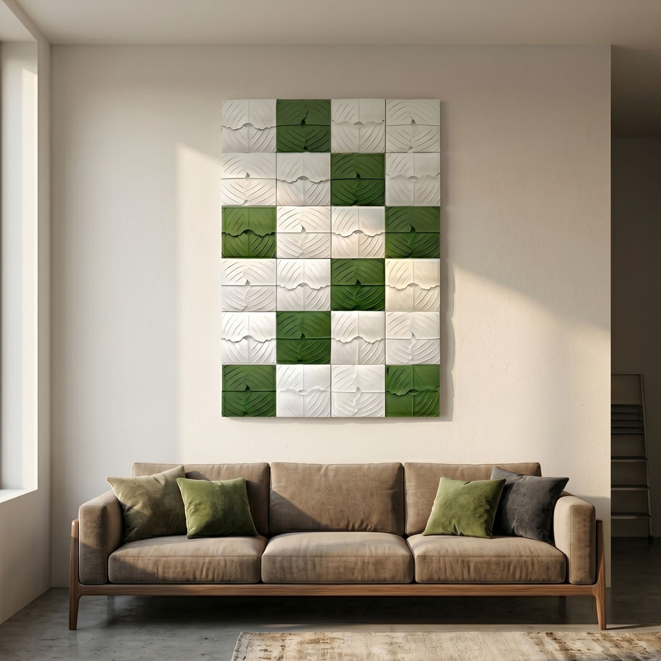 Vellura White & Green Textured Wood Relief 3D Wall Art by Giant Sculptures displayed in a living room above a beige sofa with green and grey cushions.
