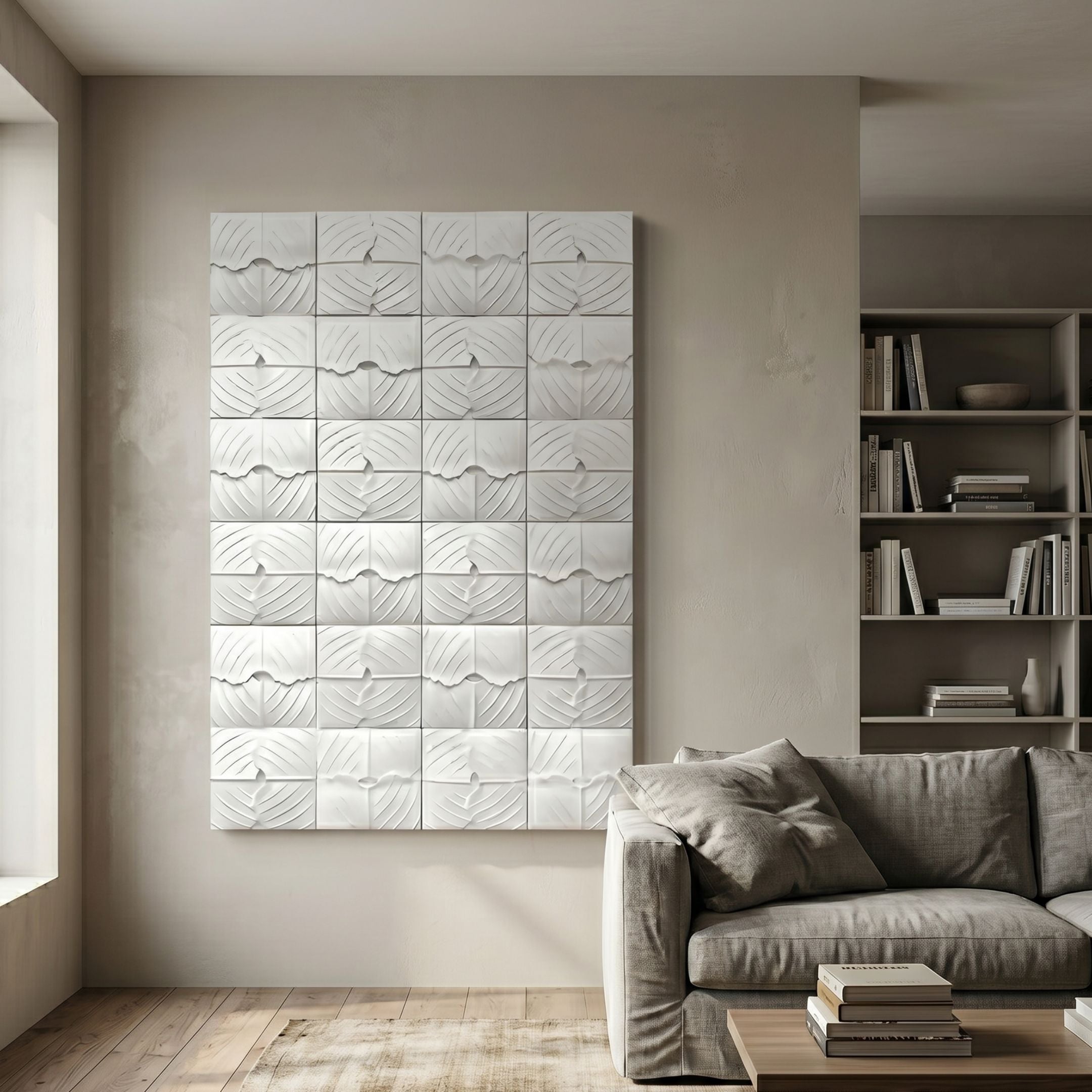 Vellura White Textured Wood Relief 3D Wall Art by Giant Sculptures, a grid of carved white tiles displayed above a grey sofa beside a bookshelf.