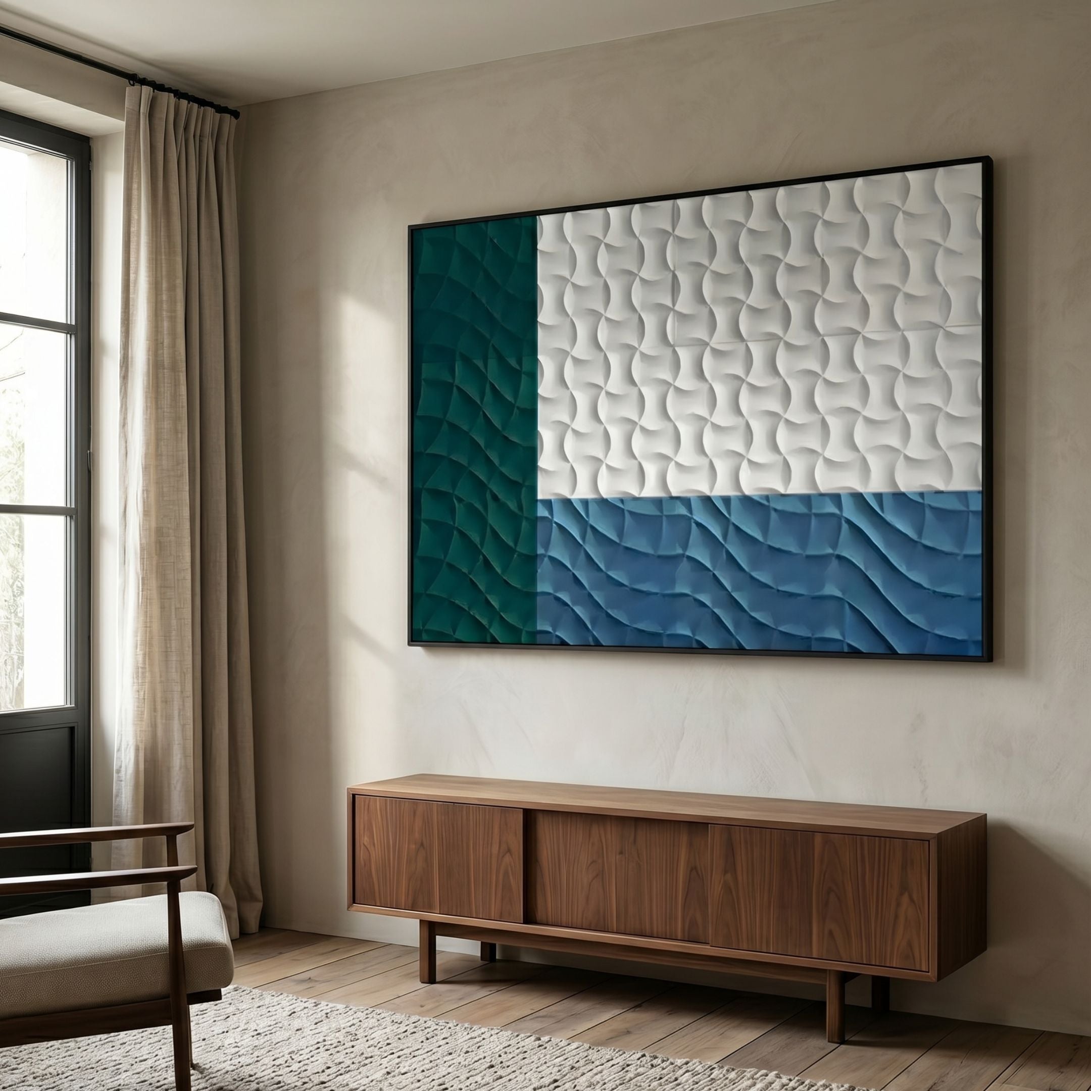 Trelume Wavy Wood Relief 3D Wall Art by Giant Sculptures, with carved white, teal, and blue sections, mounted above a walnut sideboard in a sunlit living room.
