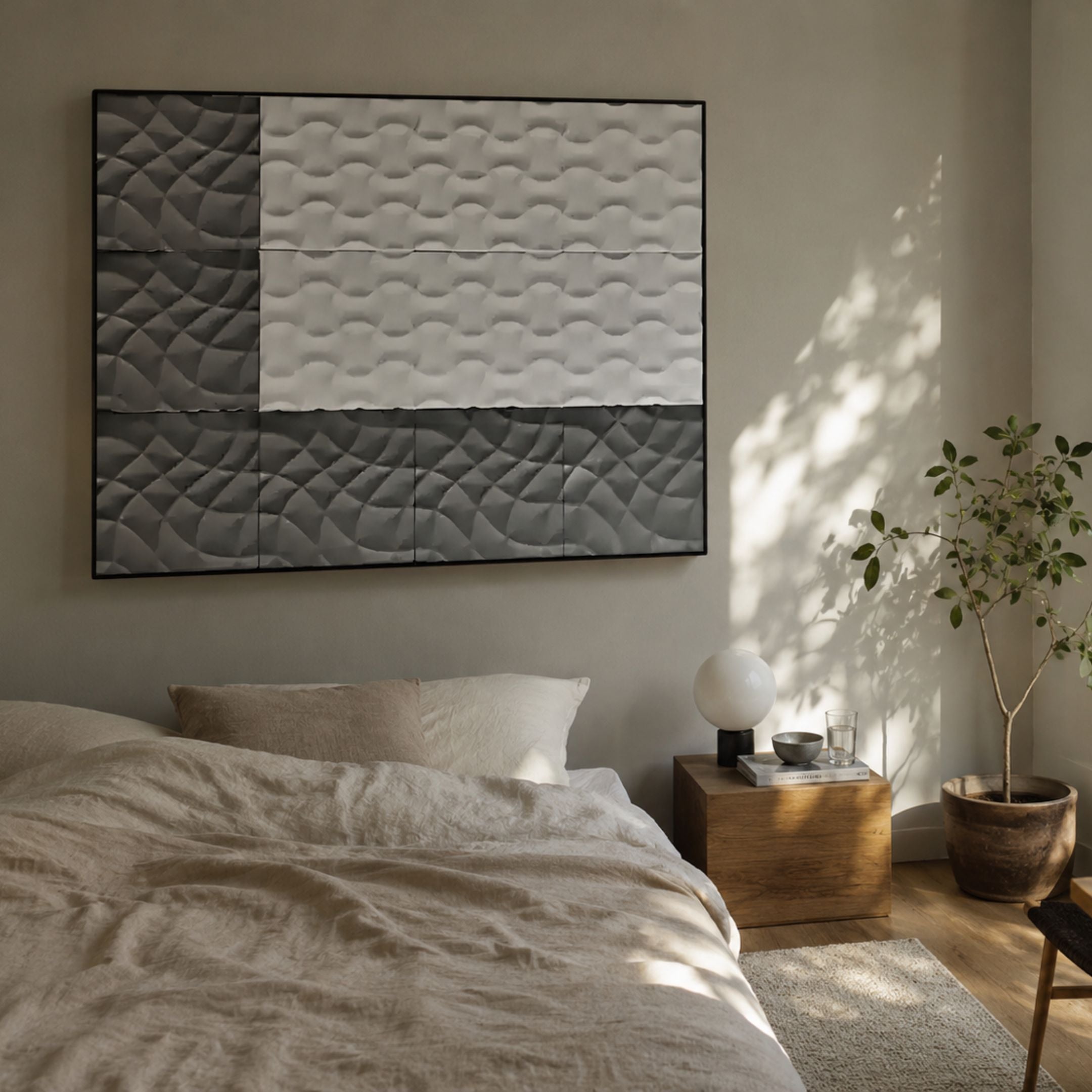Trelume White & Grey Wavy Wood Relief 3D Wall Art by Giant Sculptures mounted above a linen-dressed bed with a wooden nightstand, globe lamp, and potted tree.
