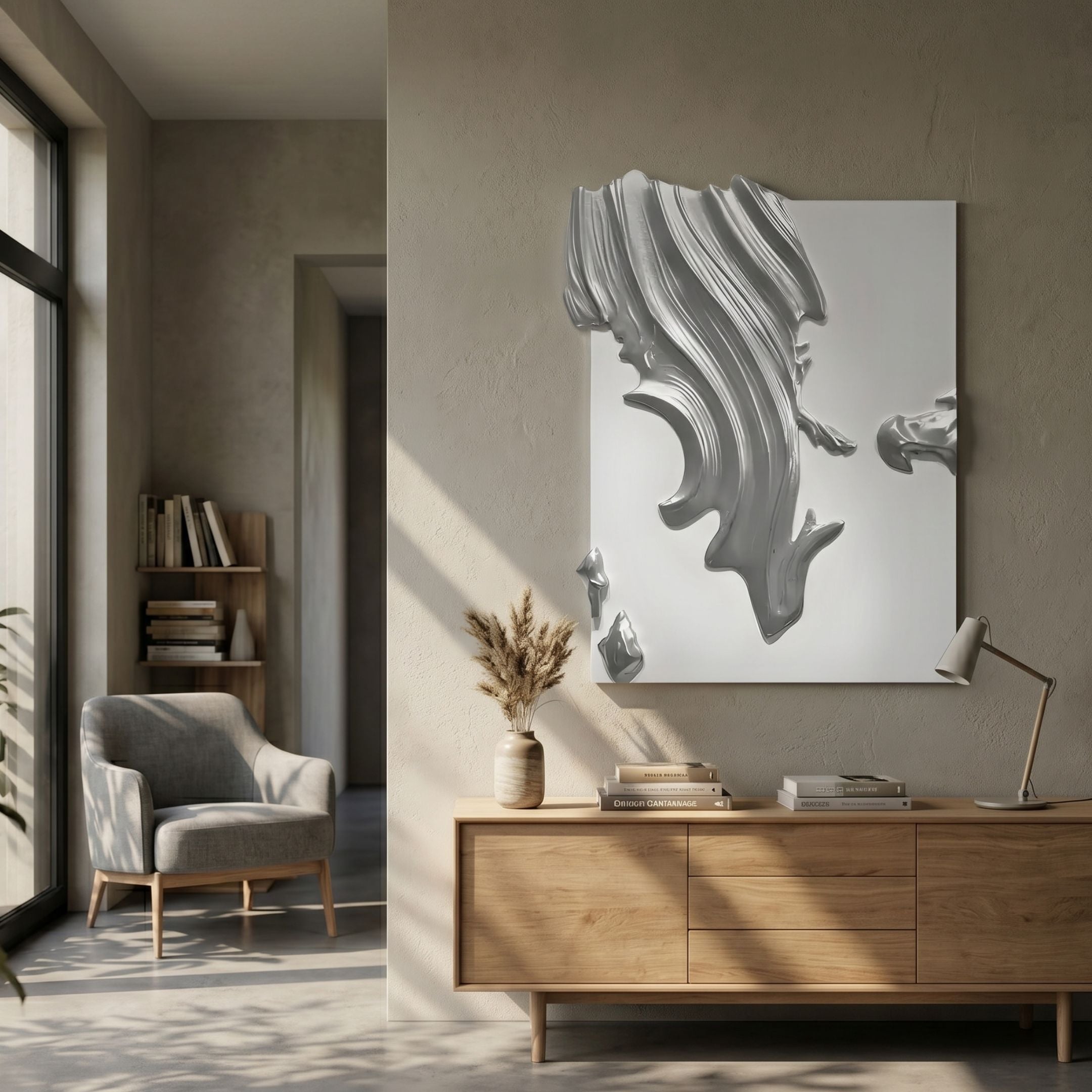Opulina White & Silver I Wood Relief 3D Wall Art by Giant Sculptures displayed above an oak sideboard with vase and lamp in a sunlit modern living room.