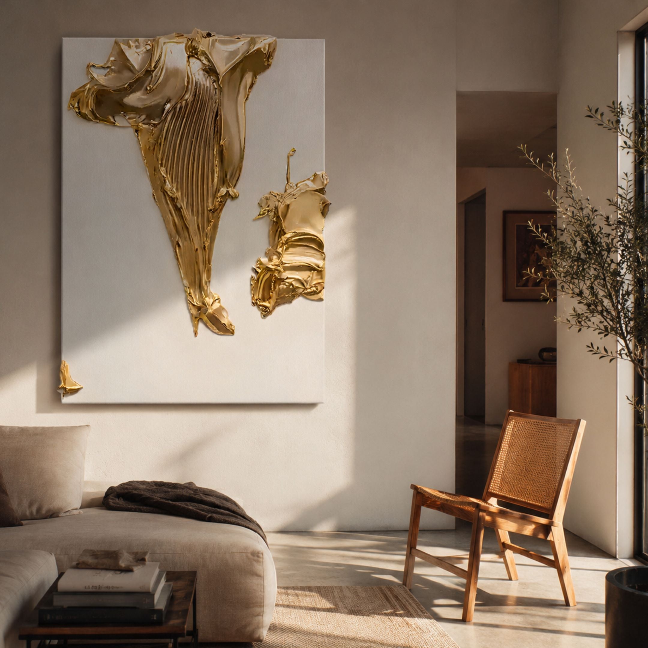 Opulina White & Gold II Wood Relief 3D Wall Art by Giant Sculptures, sculptural gold strokes on white canvas, displayed above a beige sofa in a sunlit living room.