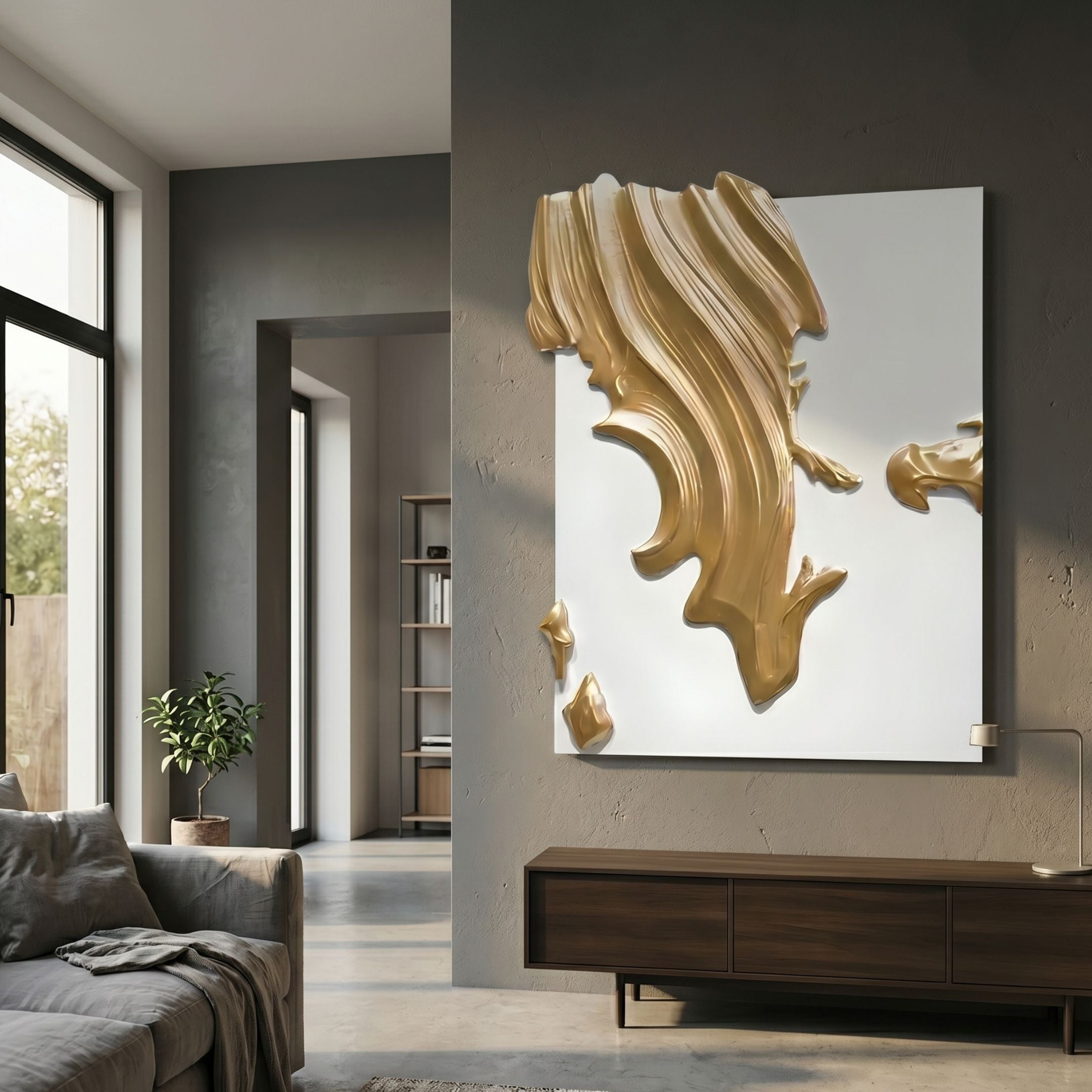 Opulina White & Gold I Wood Relief 3D Wall Art by Giant Sculptures displayed on a grey wall above a dark wood console in a modern living room.