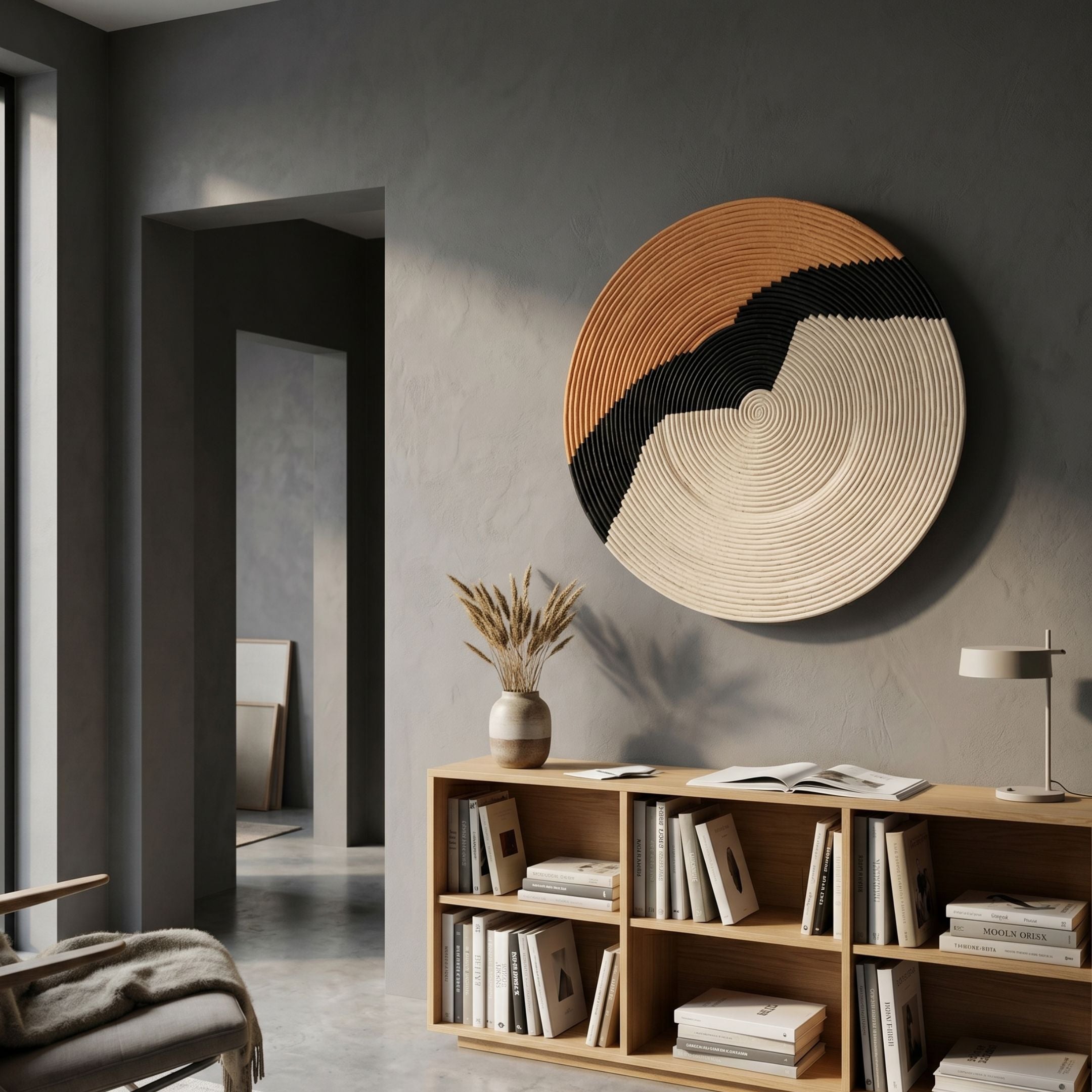 Artura Honey & Ivory Round Hand-Painted 3D Relief Wall Art by Giant Sculptures mounted on a grey wall above an oak bookshelf with a dried grass vase.