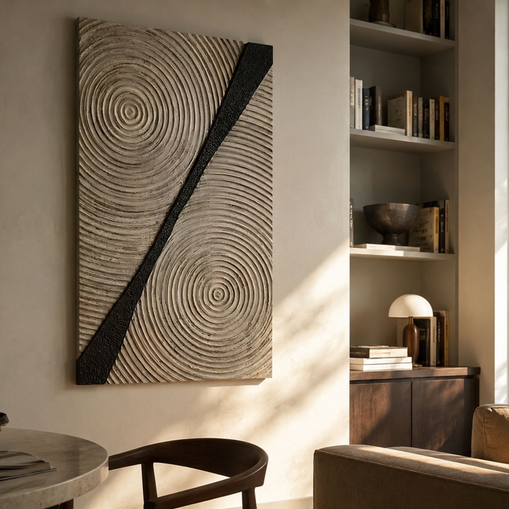 Artura Ivory Hand-Painted 3D Relief Wall Art by Giant Sculptures with concentric ridges and a black diagonal strip, displayed in a sunlit living room beside a bookshelf.