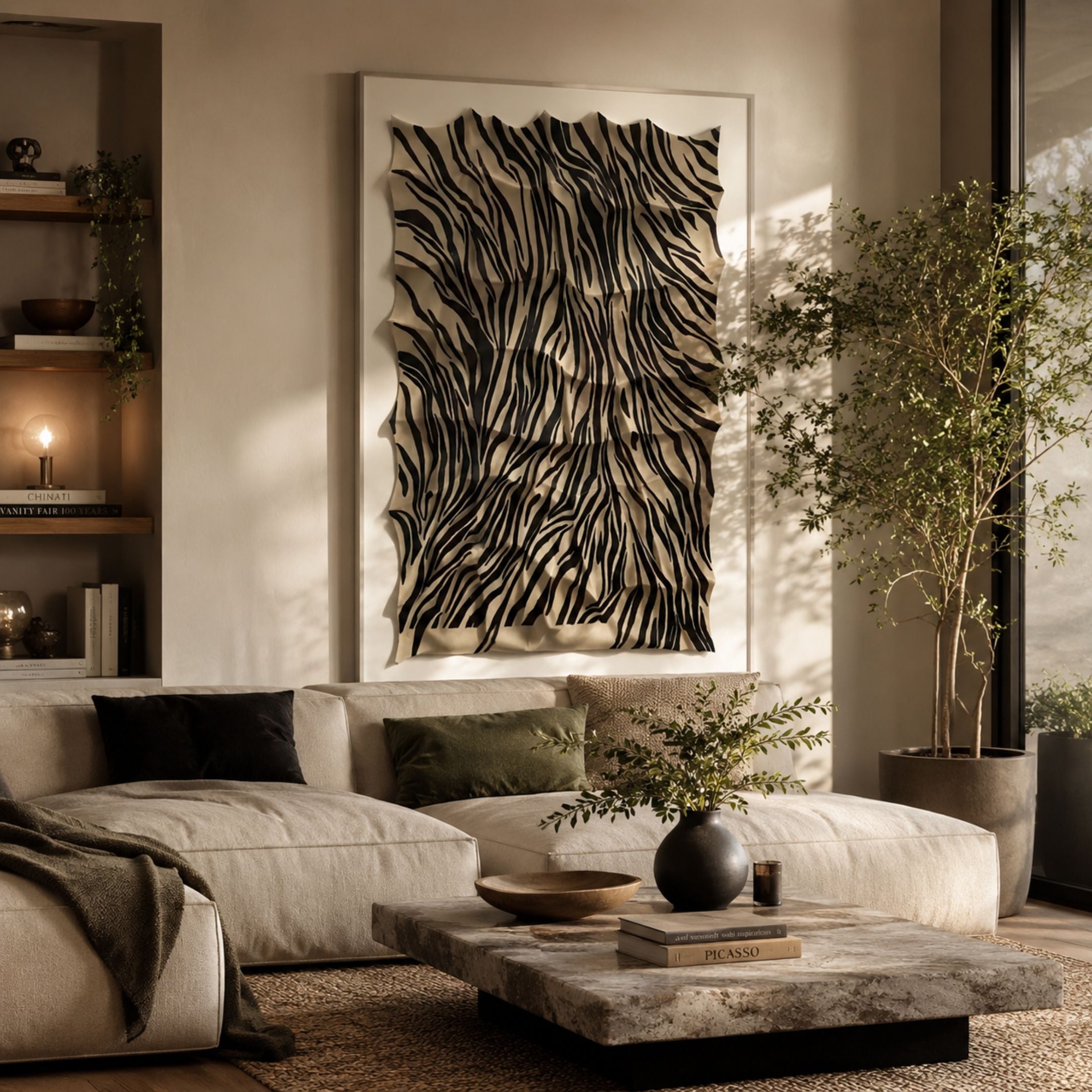 Novara Zebra II Hand-Painted Wood Relief 3D Wall Art by Giant Sculptures mounted above a beige sectional sofa with stone coffee table and indoor tree.