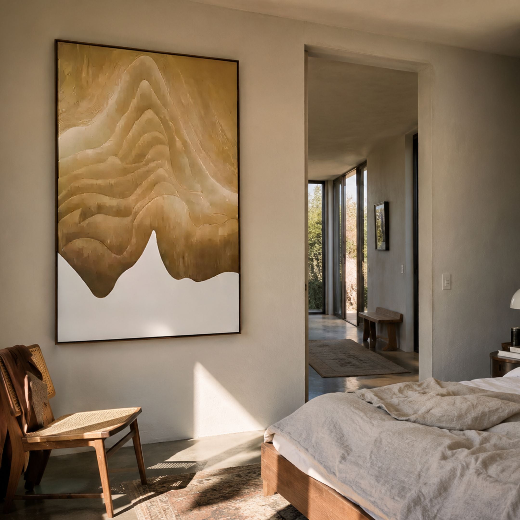 Celoria Golden Dune Wood Carving 3D Wall Art with carved wavy golden-brown ridges, displayed on a cream bedroom wall beside a linen bed and wooden chair.