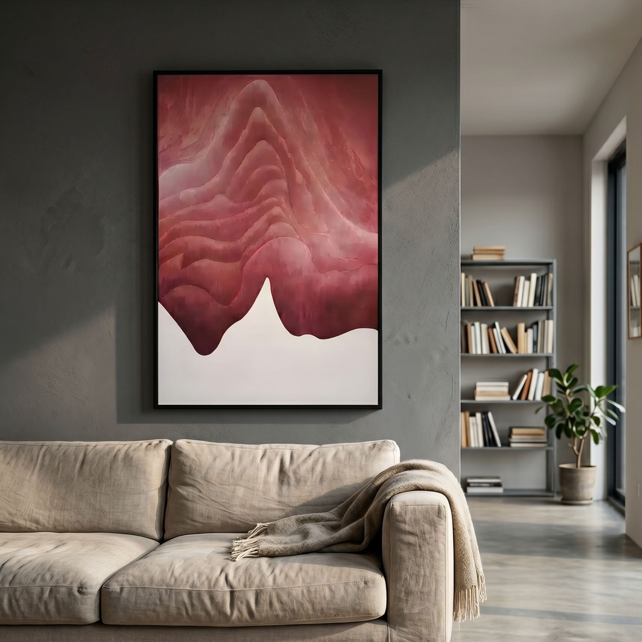 Celoria Rose Ember Wood Carving 3D Wall Art by Giant Sculptures, with layered rose and red mountain-like waves, displayed above a beige sofa in a modern living room.