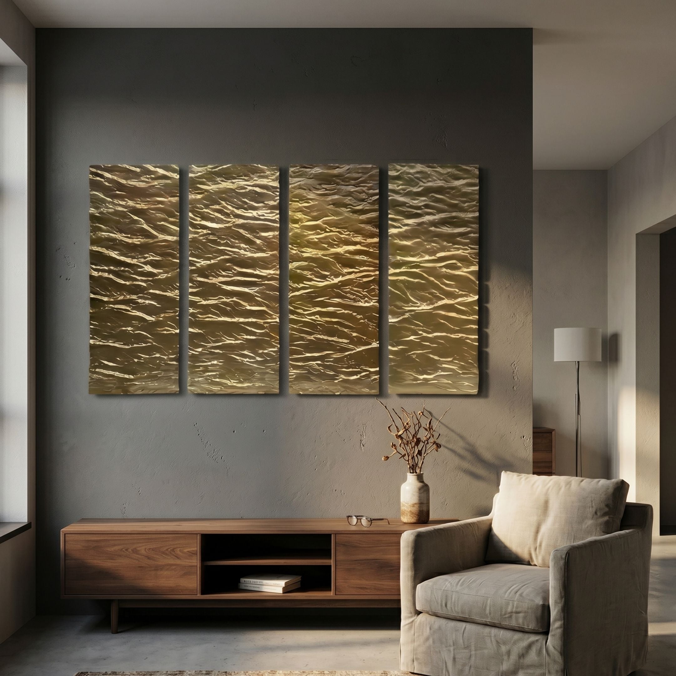 Illume 4-Panel Gold Hand-Painted Wood Relief 3D Wall Art by Giant Sculptures, displayed above a walnut console in a grey living room with armchair.