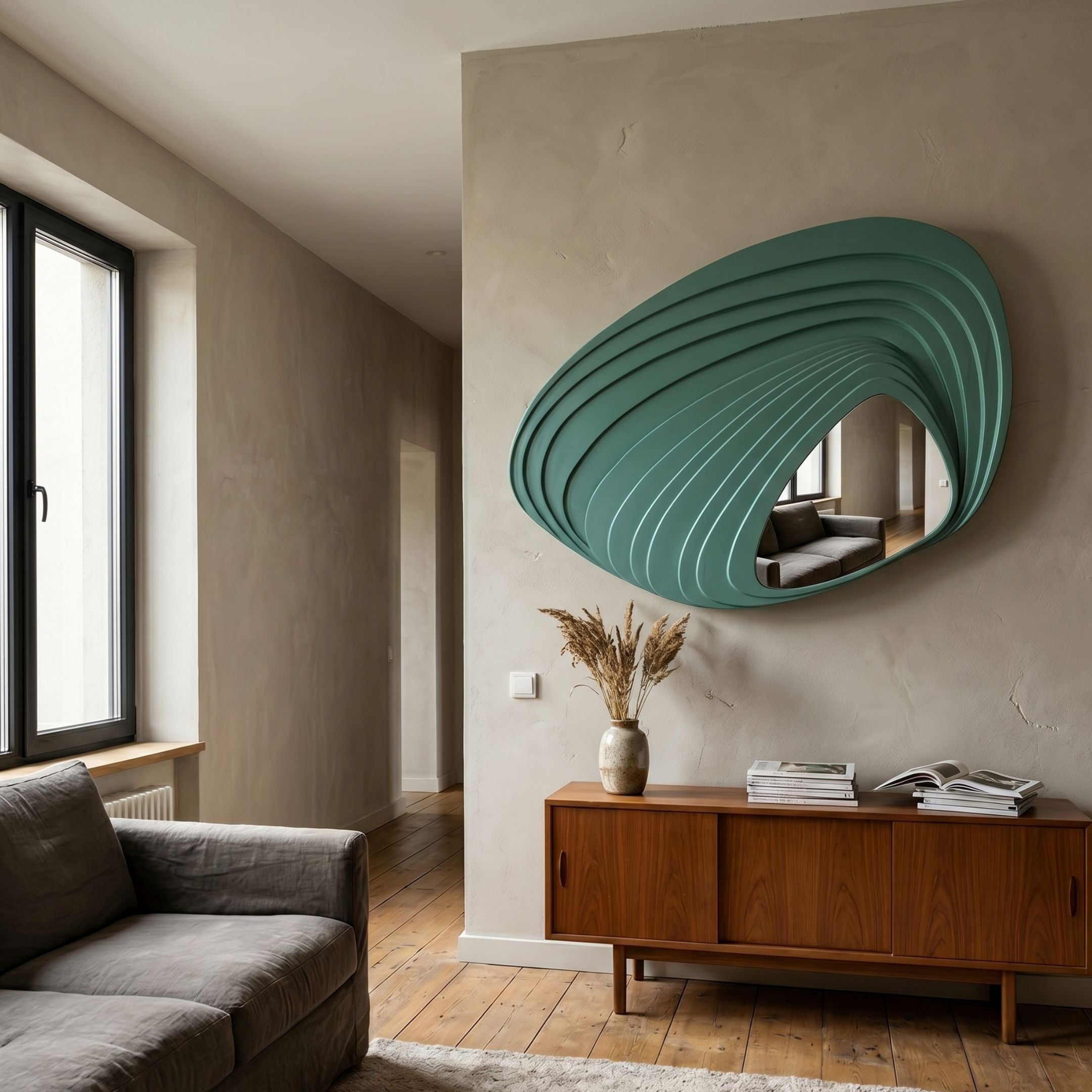Reflecta Green Wood Carving Mirror 3D Wall Art by Giant Sculptures, teal shell-form panels with central mirror, displayed above a teak sideboard in a living room.