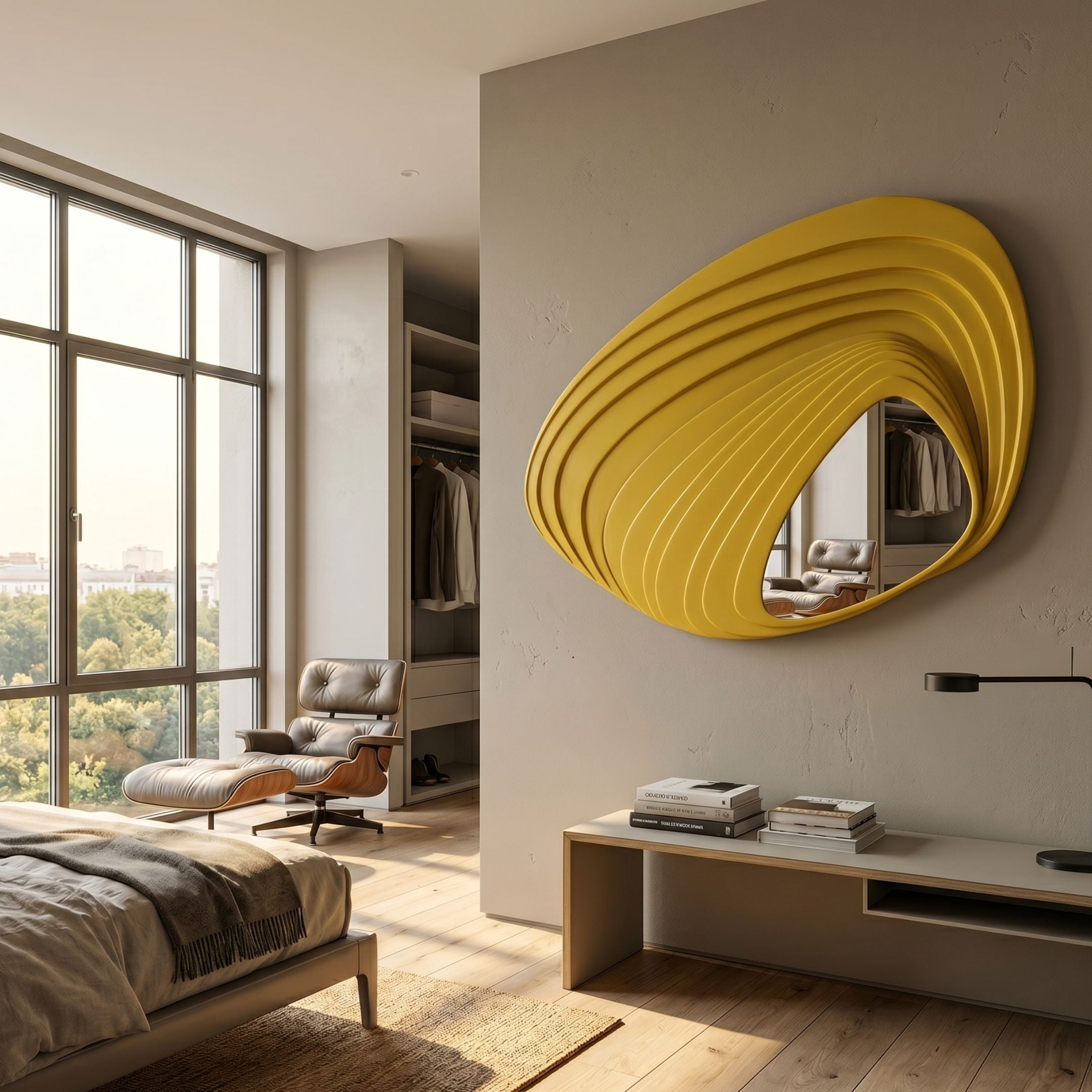 Reflecta Yellow Wood Carving Mirror 3D Wall Art by Giant Sculptures mounted on a pale wall in a modern bedroom with a lounge chair and large window.