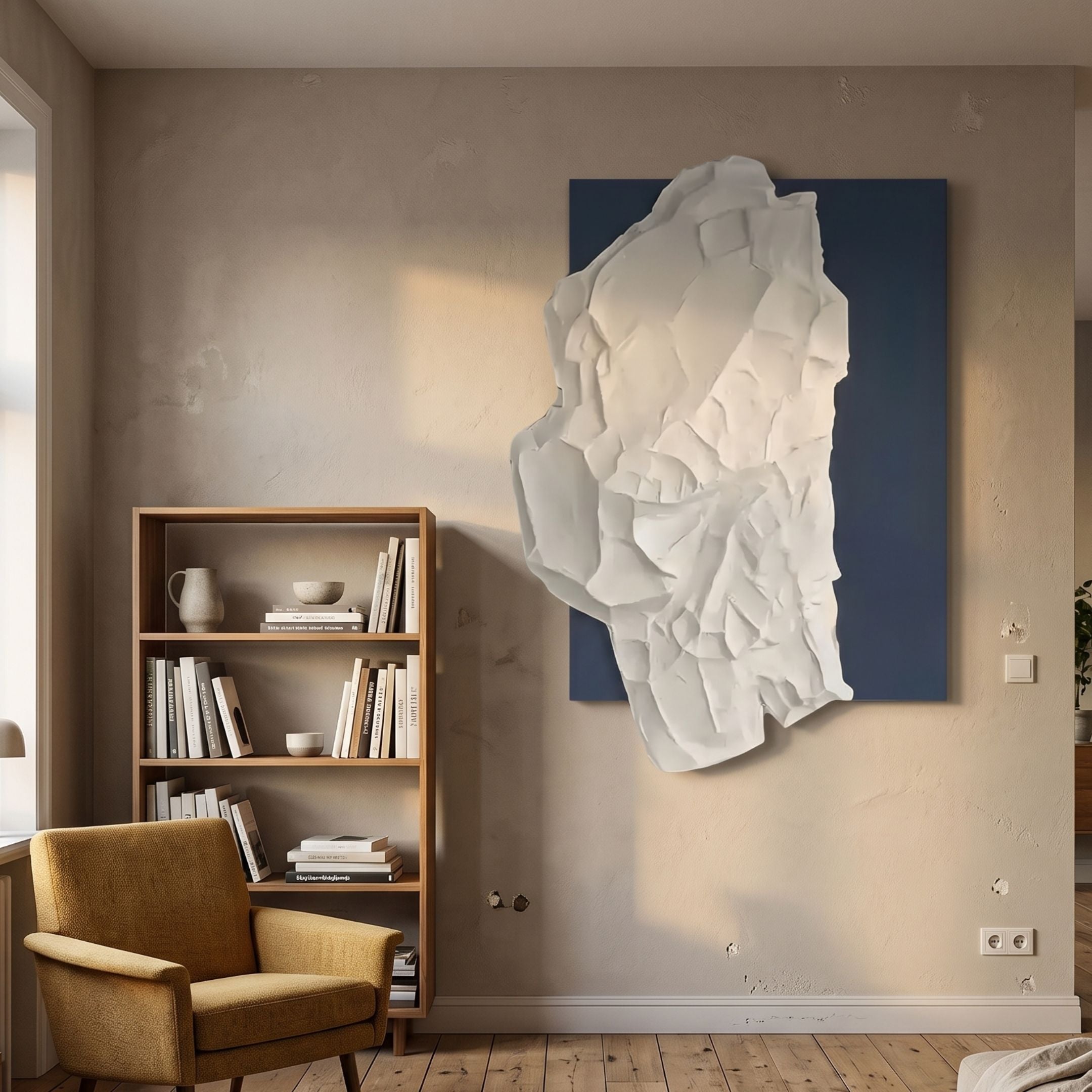 Veritas White & Blue Abstract Wood Relief 3D Wall Art by Giant Sculptures mounted above a wooden bookshelf and mustard armchair in a warm neutral living room.