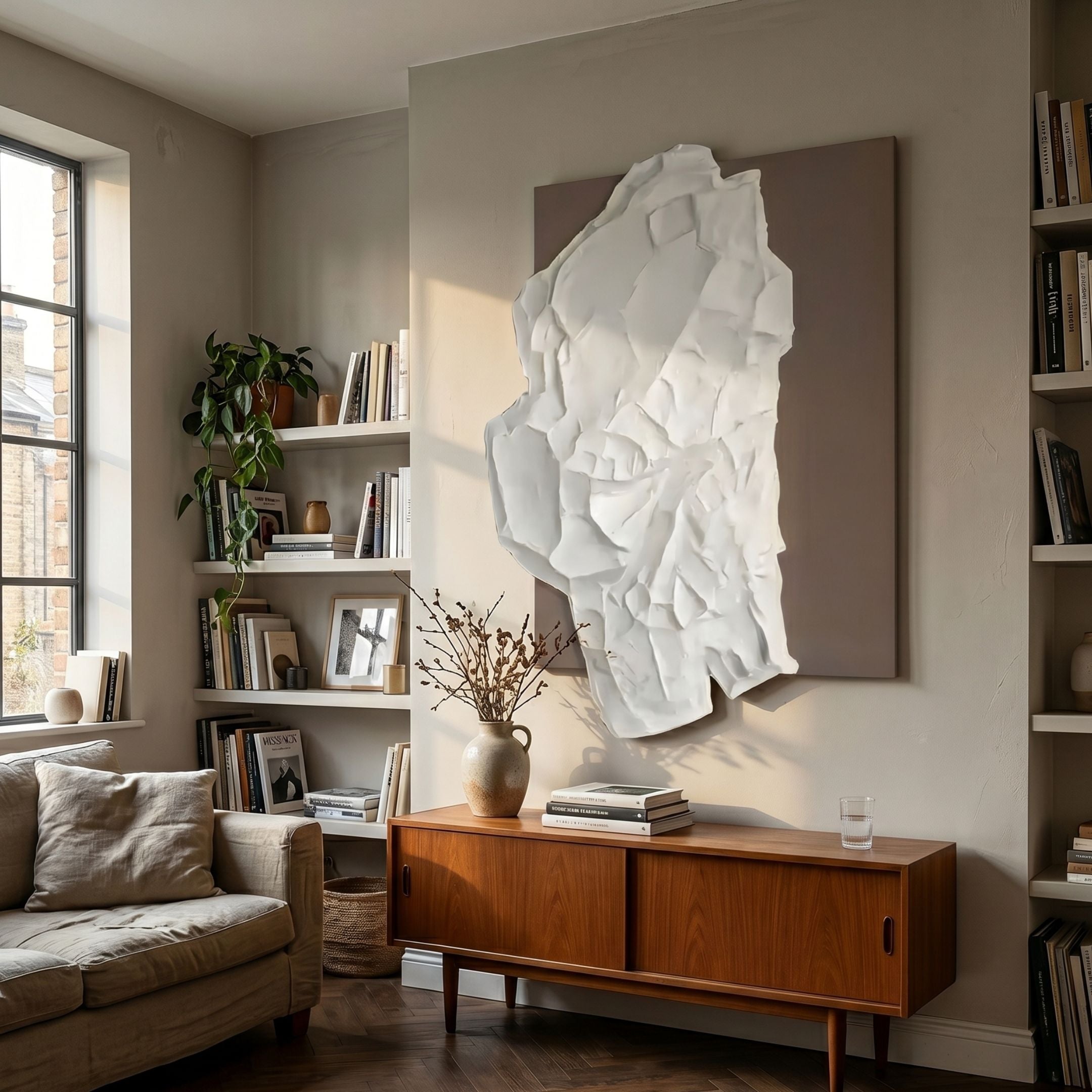 Veritas White & Taupe Wood Relief 3D Wall Art by Giant Sculptures mounted above a mid-century teak sideboard in a neutral living room with bookshelves.