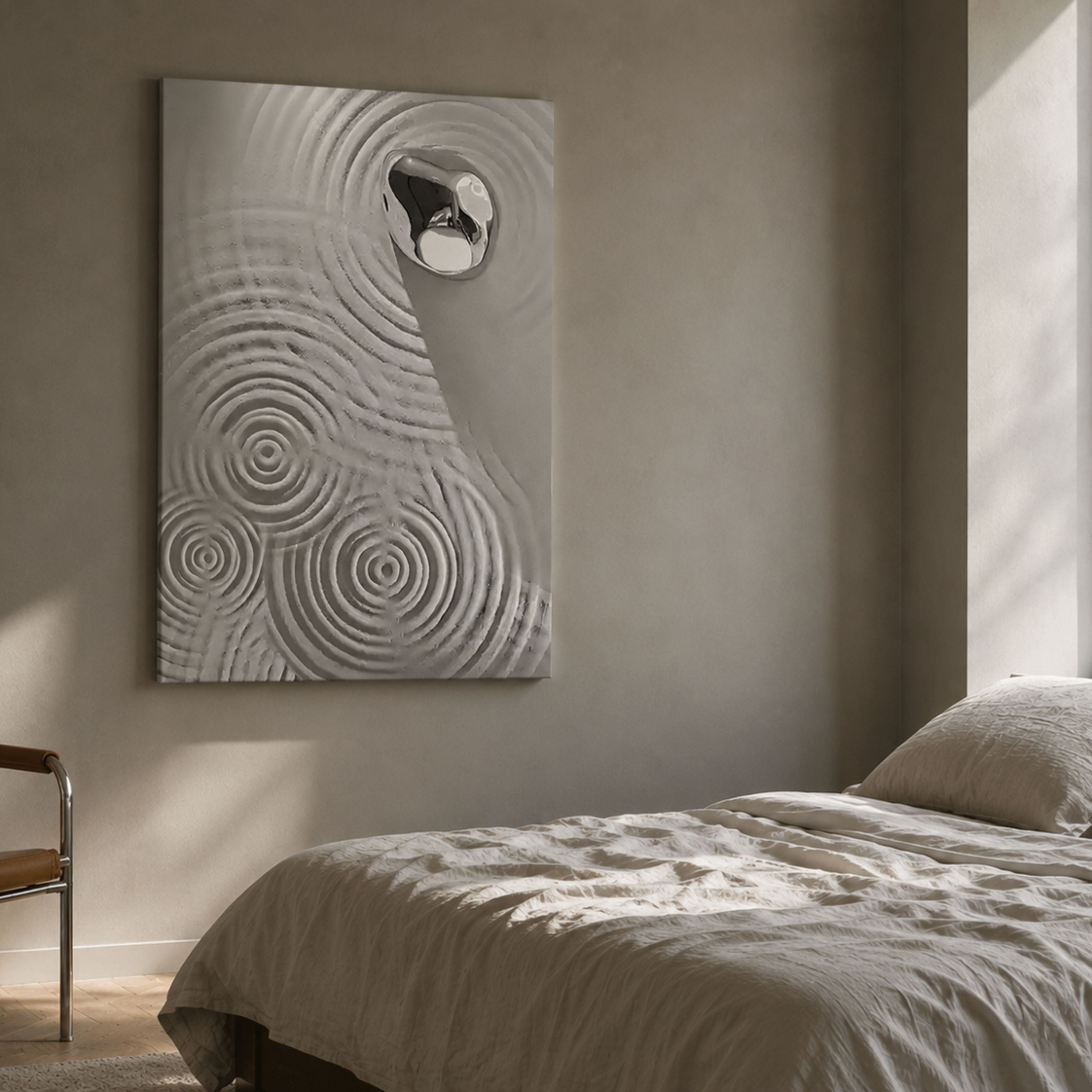 Ondella Silver Ripple IV Sandstone Wood Relief 3D Wall Art by Giant Sculptures, displayed above a linen-dressed bed in a neutral wabi-sabi bedroom.