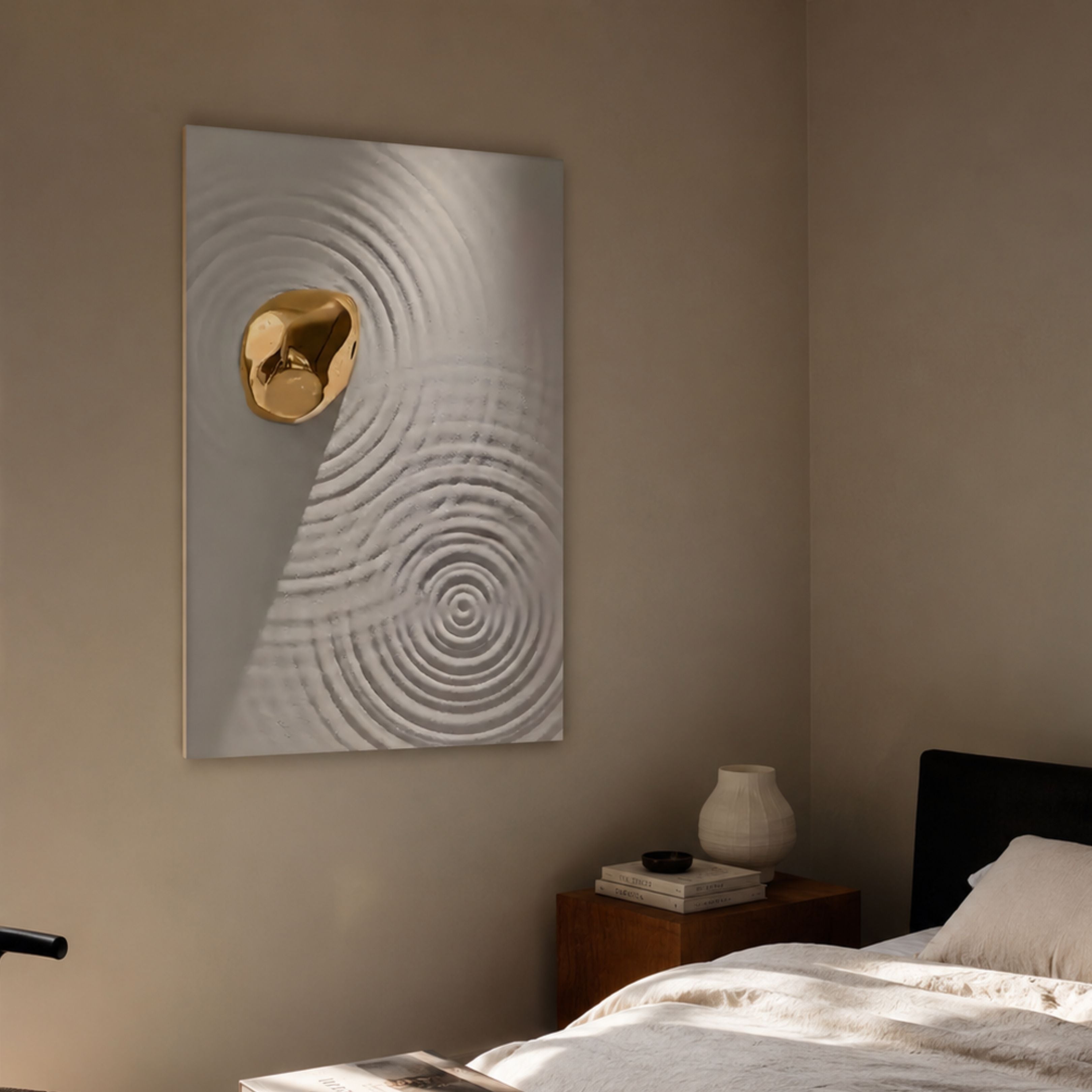 Ondella Gold Ripple I Sandstone Wood Relief 3D Wall Art by Giant Sculptures displayed on a beige bedroom wall above a walnut nightstand with vase and books.