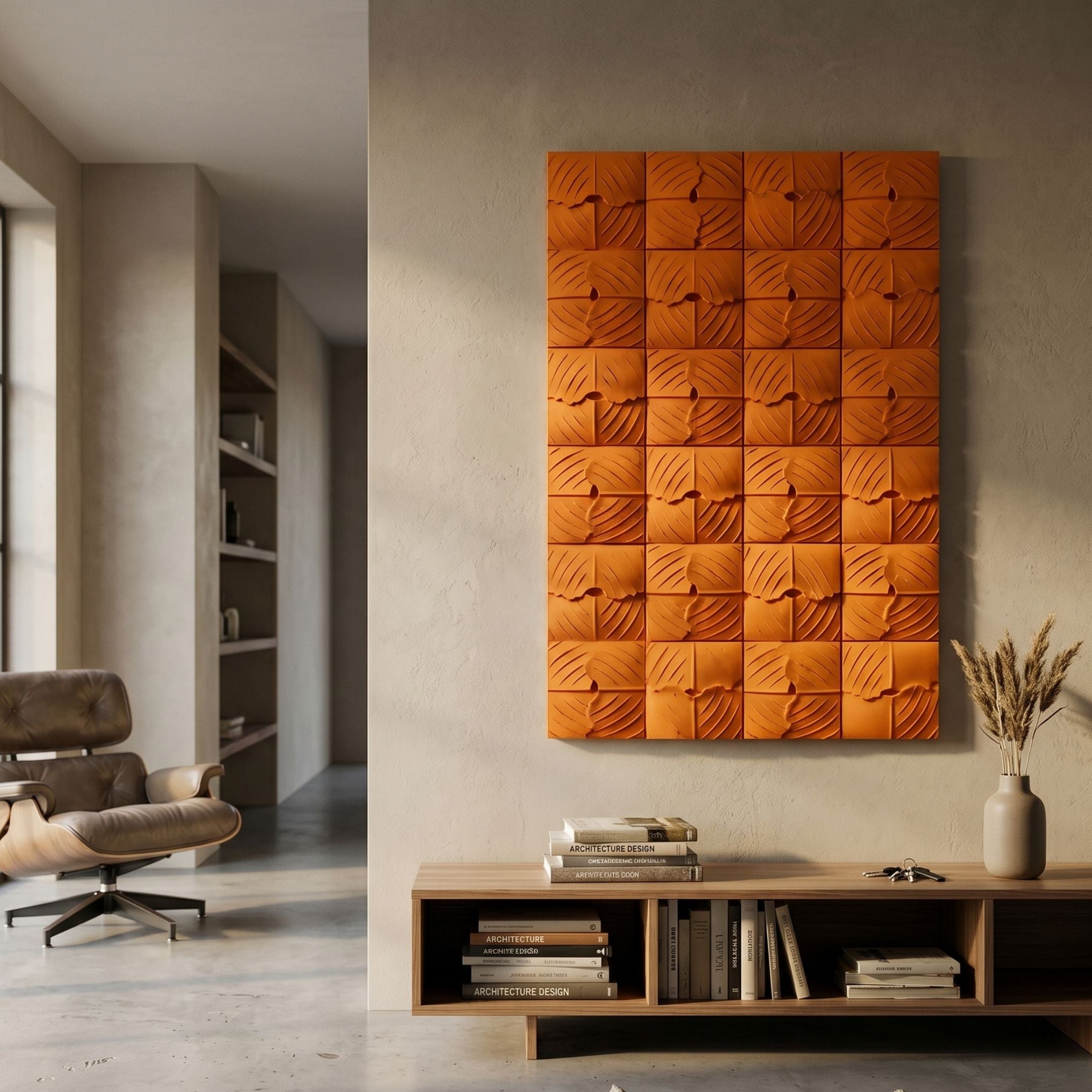 Vellura Orange Textured Wood Relief 3D Wall Art by Giant Sculptures displayed above a wooden console in a modern living room with a leather lounge chair.