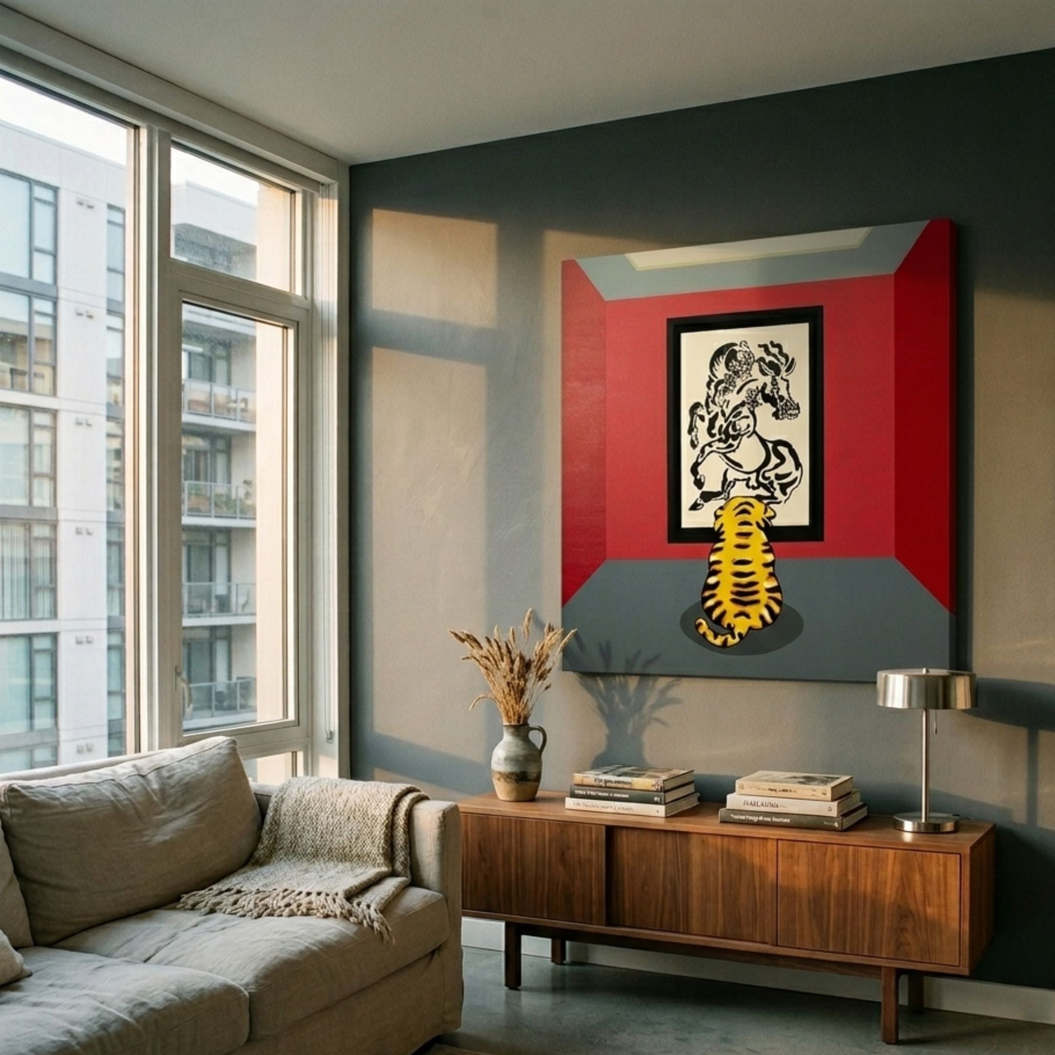 Tigerayu & Tawan Pop Art Canvas Painting by Giant Sculptures displayed above a walnut sideboard in a sunlit living room, featuring a black horse and yellow tiger on red and grey.