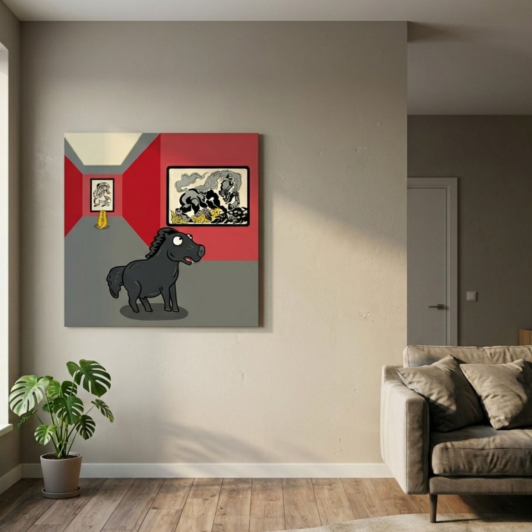 Museum Friends Pop Art Canvas Painting by Giant Sculptures displayed on a beige living room wall above a monstera plant, beside a taupe sofa.