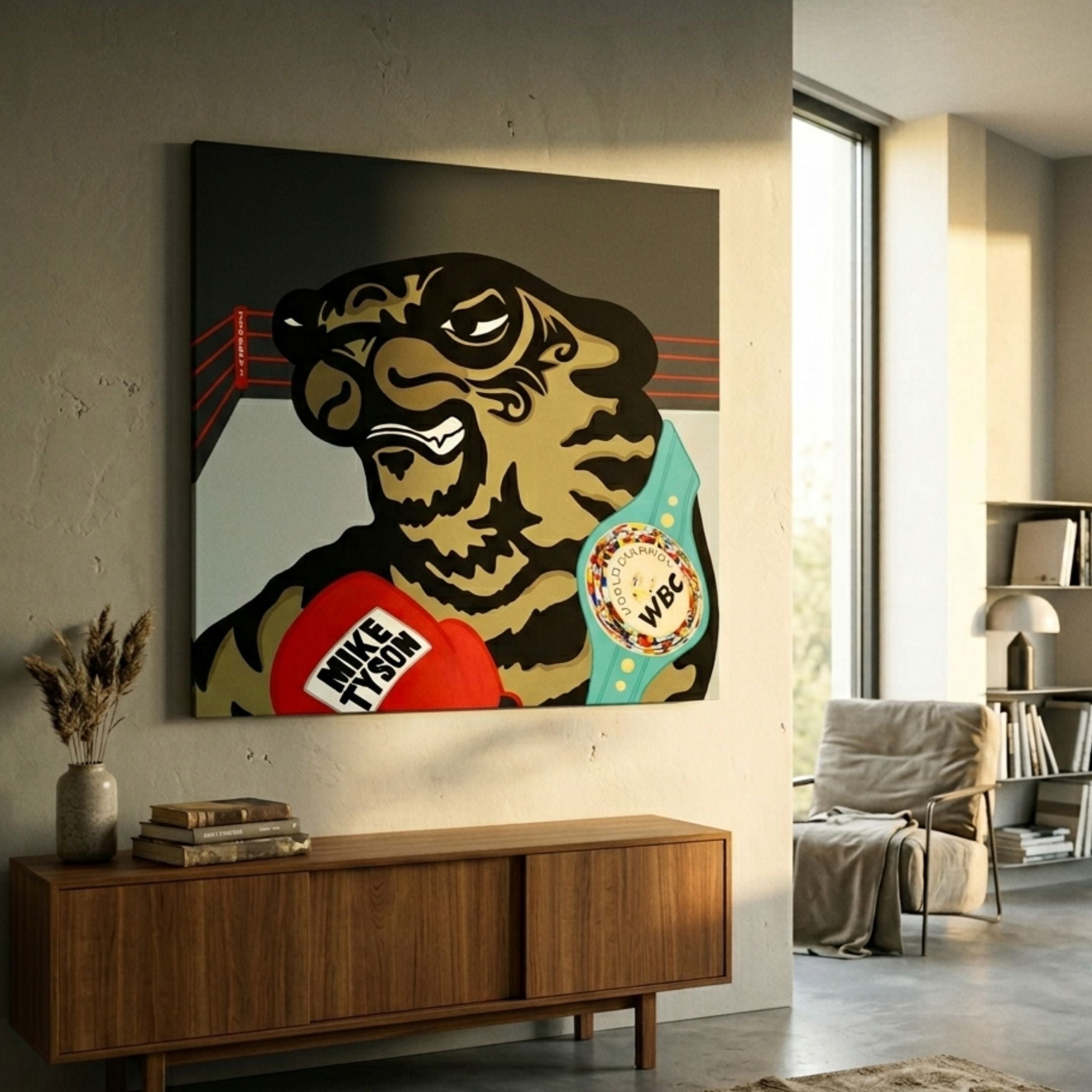 Tyson Tiger Pop Art Canvas Painting by Giant Sculptures, displayed above a wooden sideboard in a modern living room with a beige armchair and bookshelf nearby.