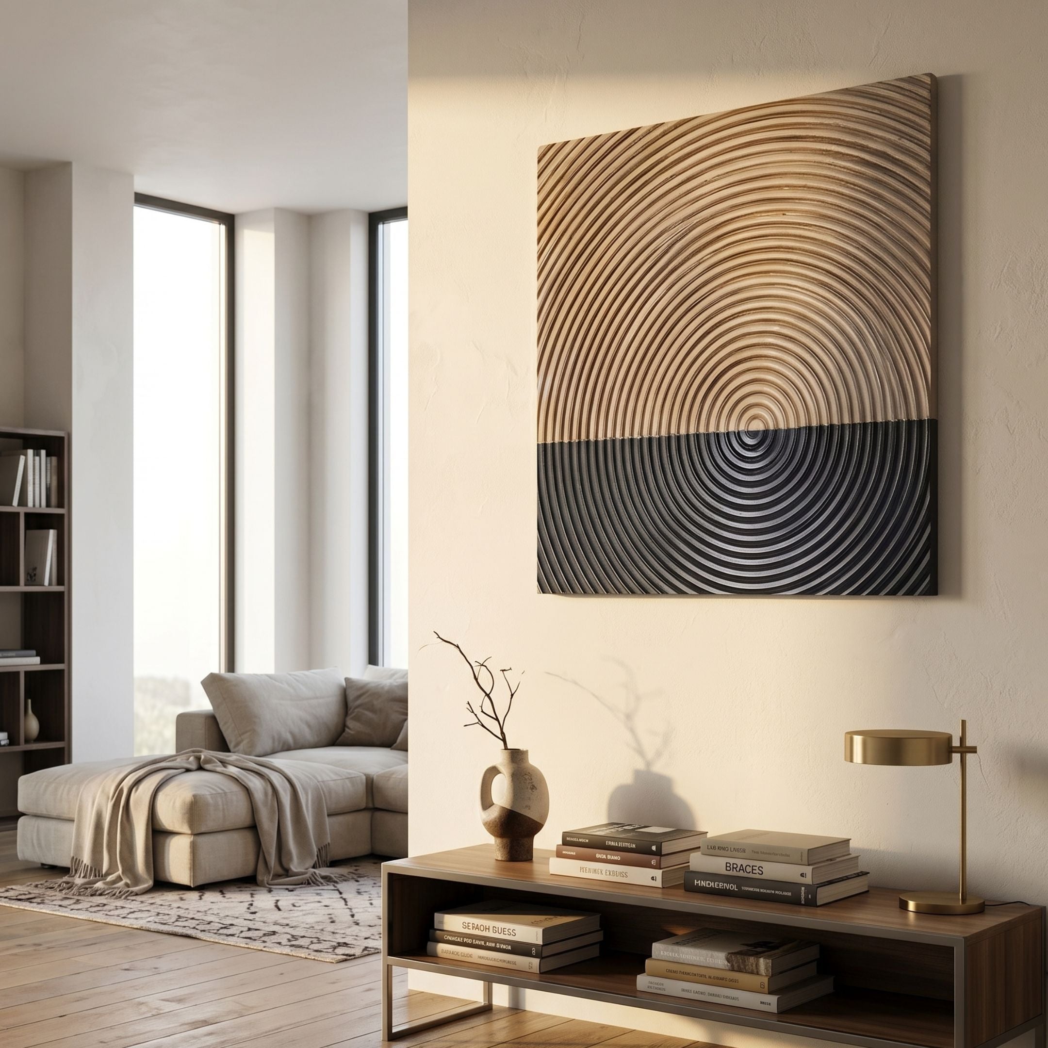 Artura Beige & Black Square Hand-Painted 3D Relief Wall Art mounted above a wooden console with books and a vase in a modern living room with beige sofa.