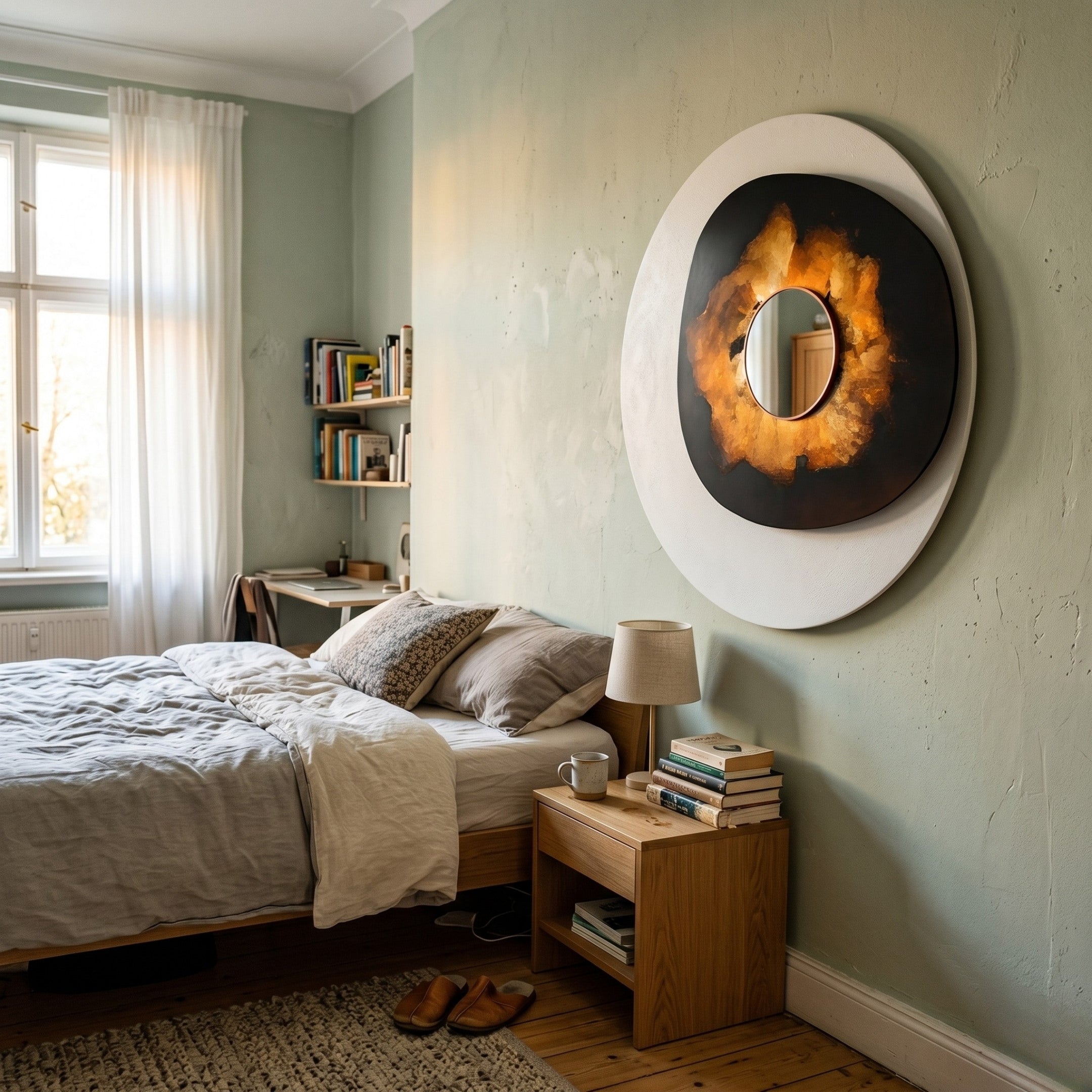 A cozy bedroom with a made bed, a wooden nightstand with books and a lamp, sandals on the floor, a desk with shelves, and the Lunestre Ember Bloom Abstract Round Mirror 3D Wall Art by Giant Sculptures hanging above the bed.