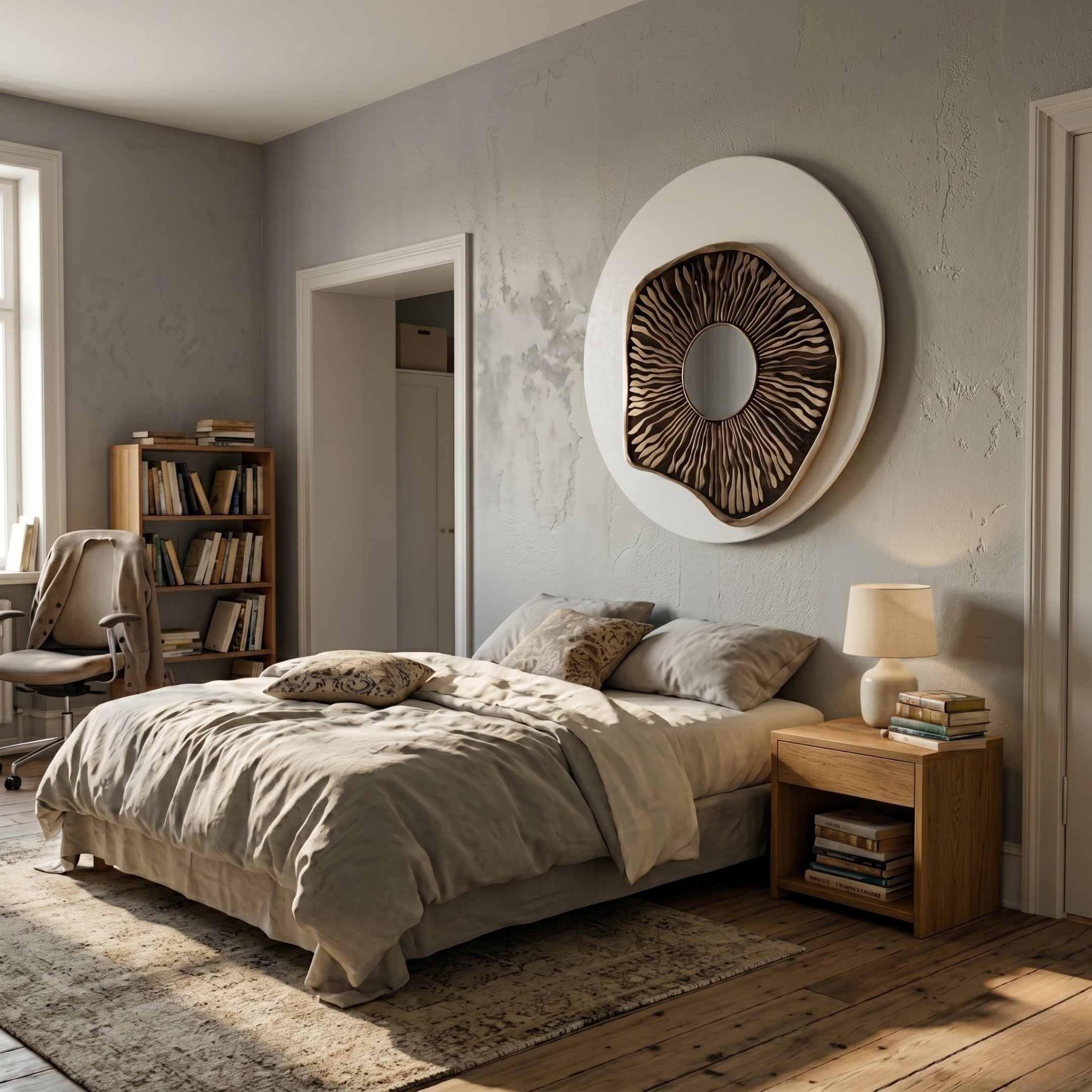 A cozy bedroom with a neatly made bed, light gray bedding, wooden nightstand and lamp, bookshelf, desk, and the Lunestre Bronze Ripple Organic Round Mirror 3D Wall Art by Giant Sculptures above the bed. Soft natural light filters through a window.