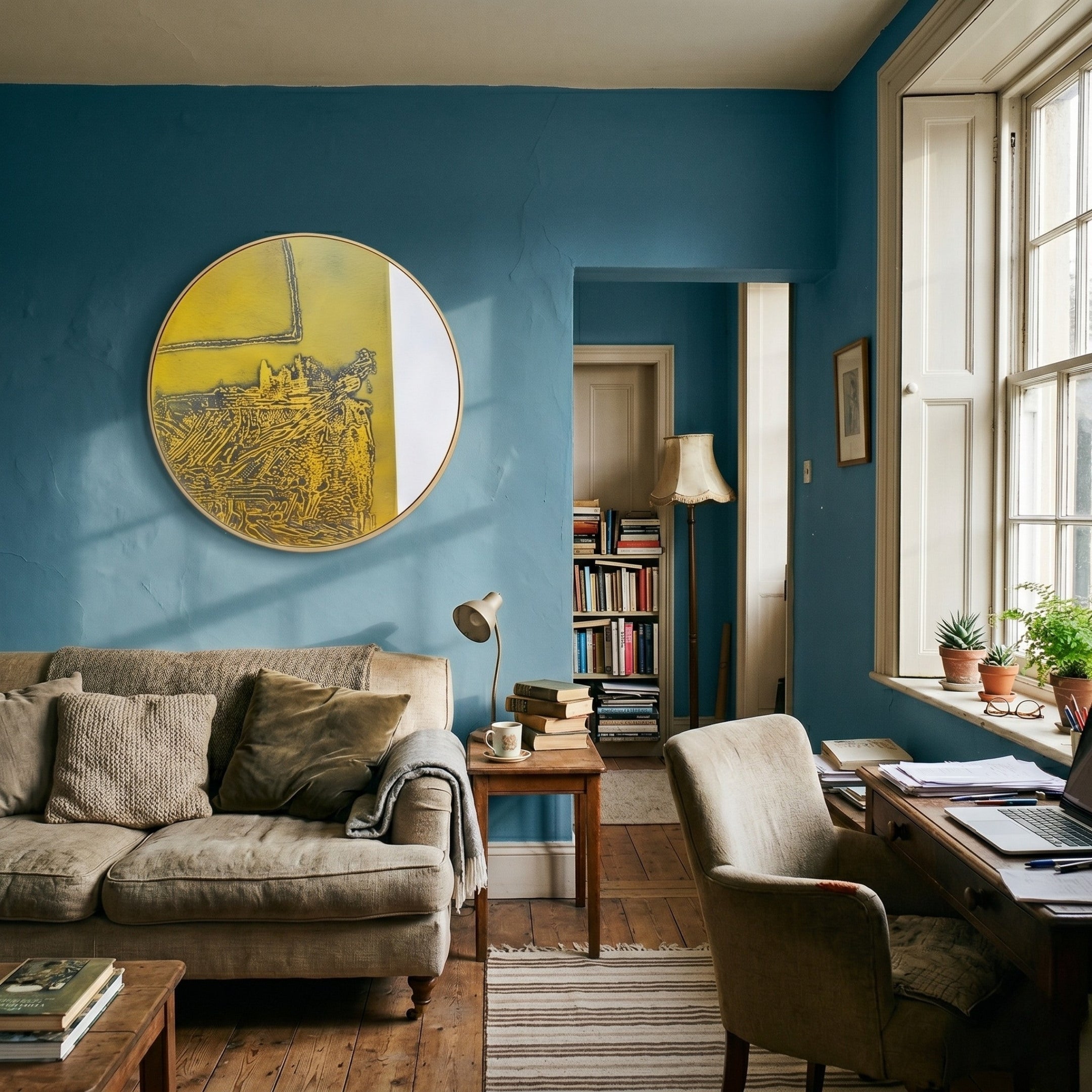 A cozy living room with blue walls, a beige sofa, wooden desk and chair by a large window, potted plants, books, a lamp, and the Auralune Golden Sketch Abstract Round 3D Wall Art by Giant Sculptures adding a striking touch.