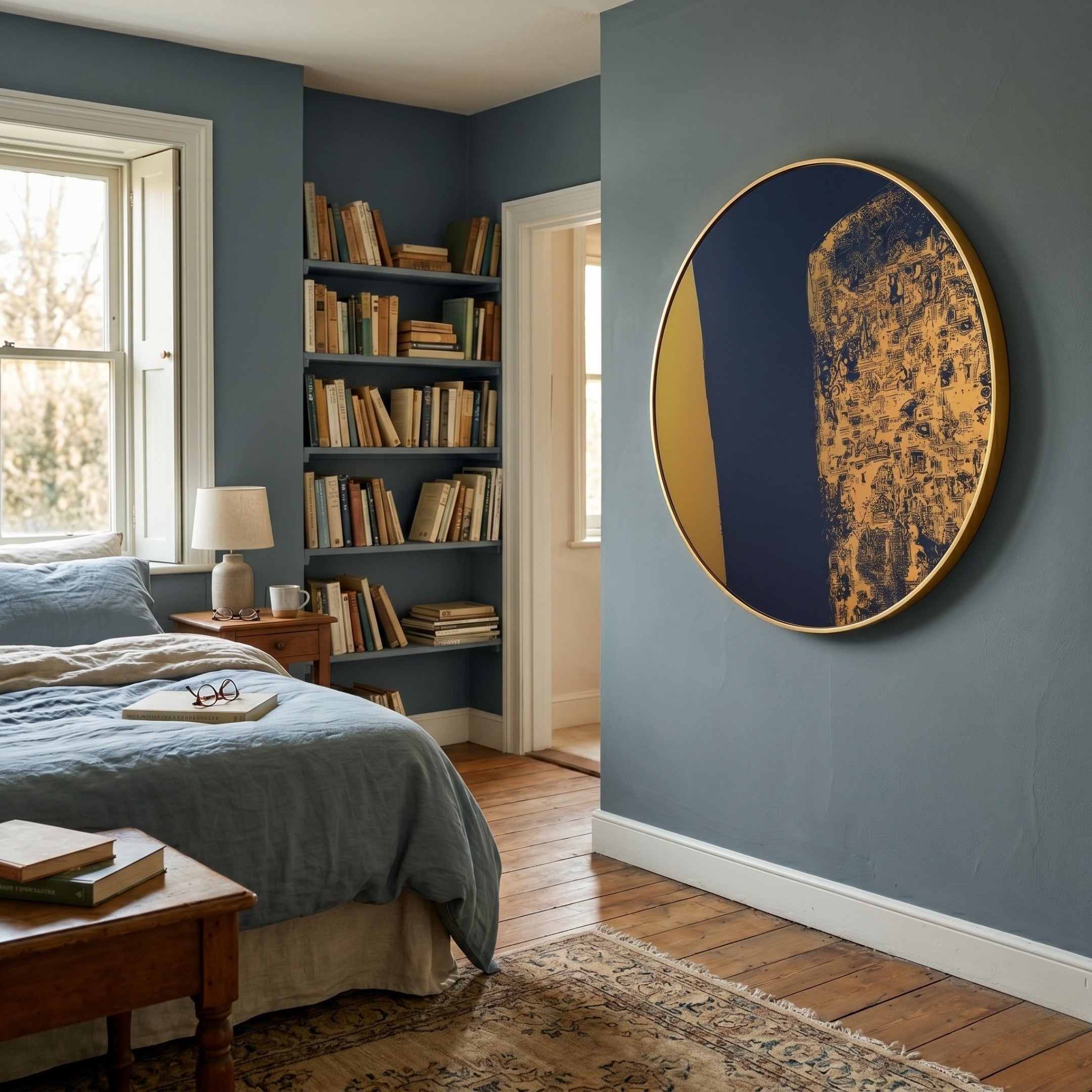 A cozy bedroom with blue walls, a Giant Sculptures Auralune Midnight Crest & Gold Matrix Round 3D Wall Art above the bed, a bookshelf with books, wooden nightstand and lamp, blue linens, and a patterned rug on wooden floorboards.