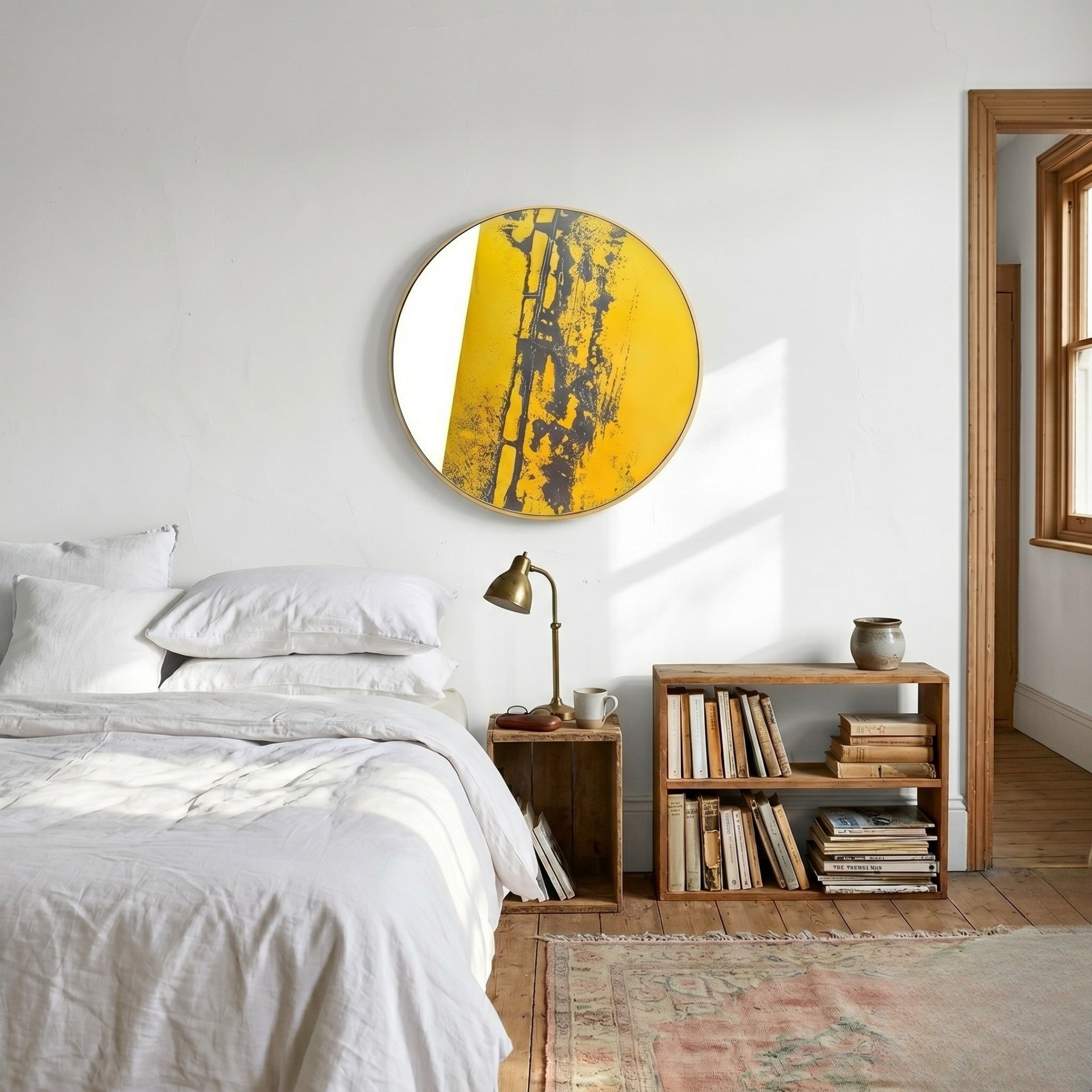 A cozy bedroom with a neatly made bed in white linens, the Auralune Citrine Column Abstract Round 3D Wall Art by Giant Sculptures, a brass lamp, bookshelf with books and ceramic pot, and sunlight streaming through the window.