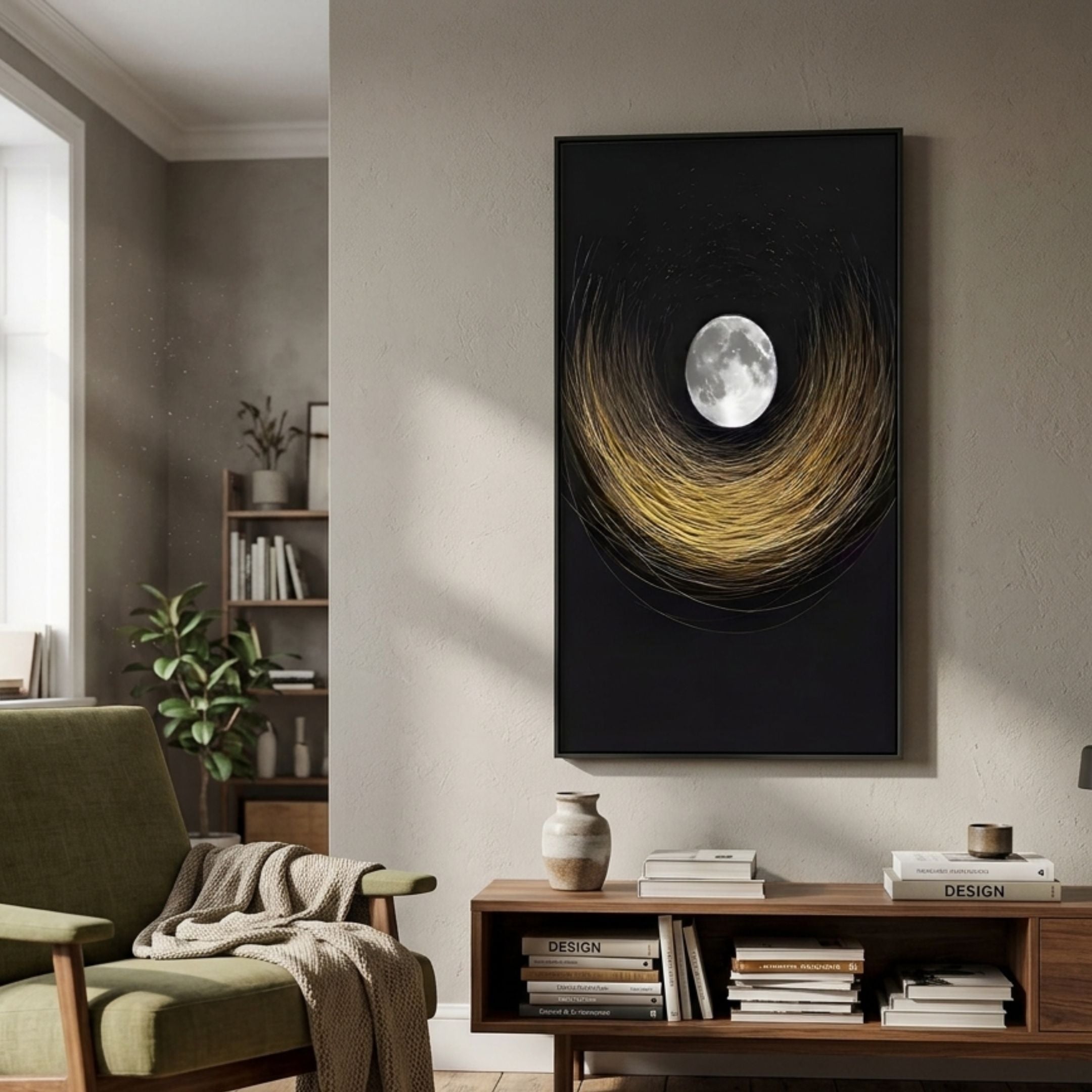 Celeste Lunar Glow LED Wall Art featuring a luminous full moon and sweeping gold light trails on black, displayed above a wooden console in a living room.