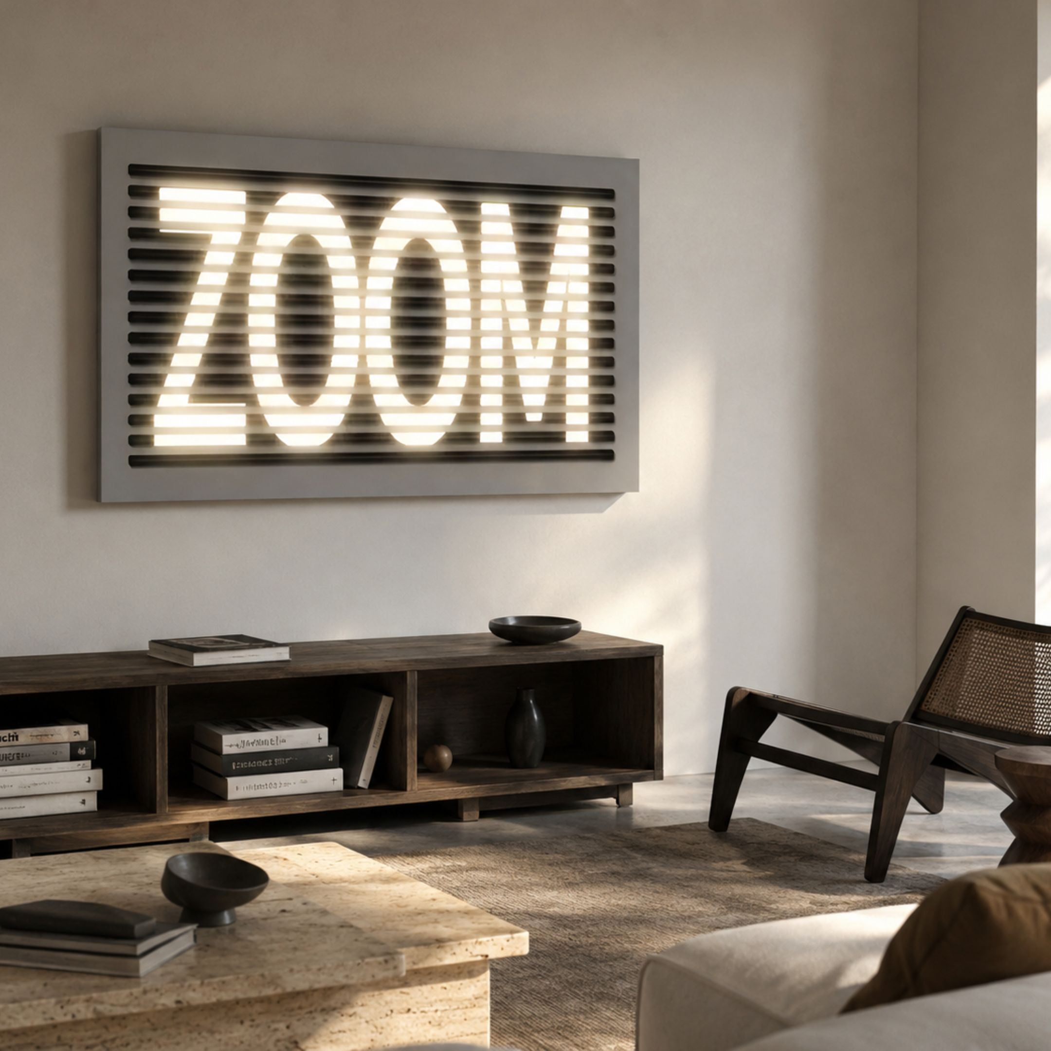 Aurova III Contemporary Glow 3D LED Wall Art by Giant Sculptures, glowing "ZOOM" lettering behind horizontal slats on grey, above a dark wood console.