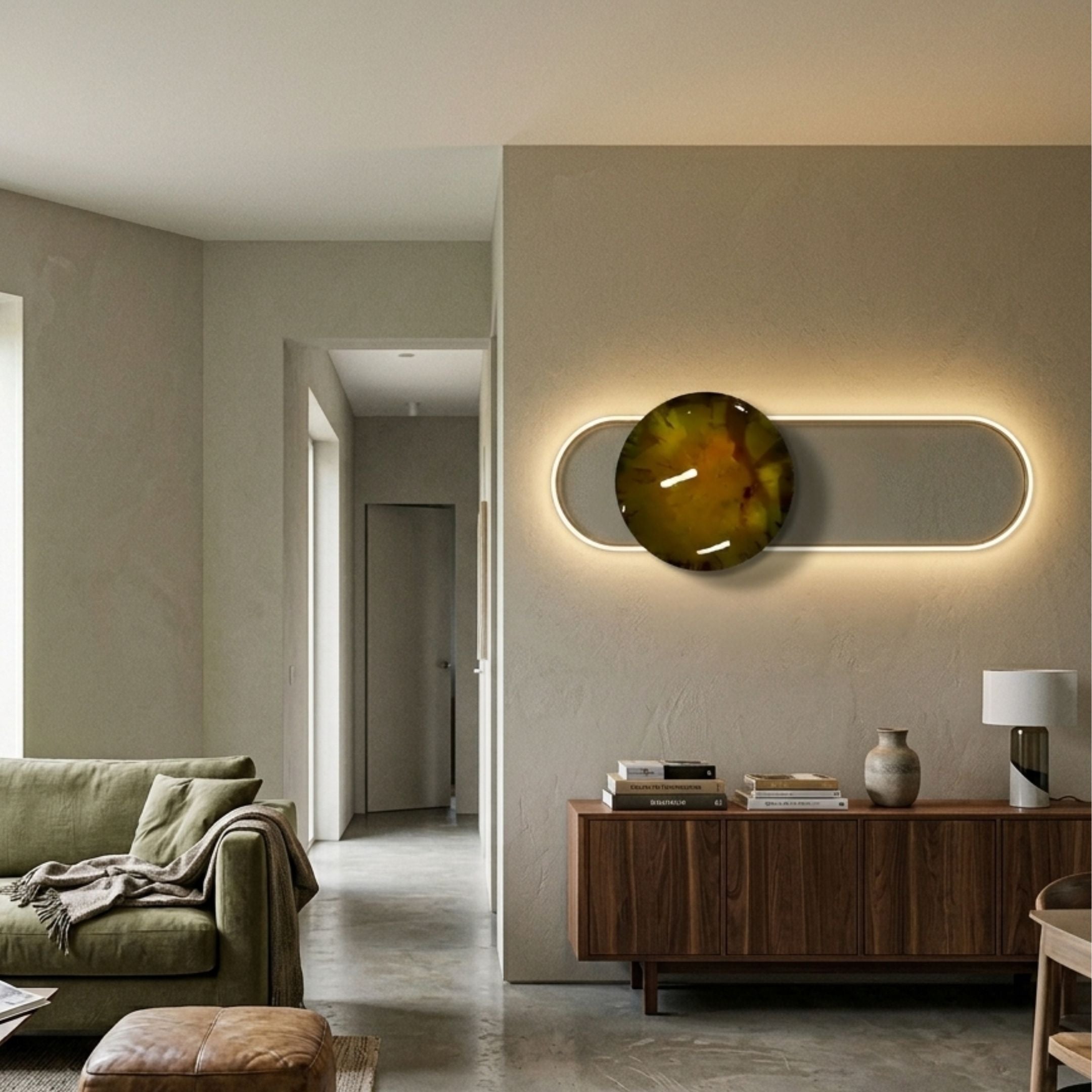 Vitreon 3D Amber Crystal Porcelain With Gold Frame Wall Art mounted above a walnut sideboard in a neutral living room, glowing softly beside a green sofa.