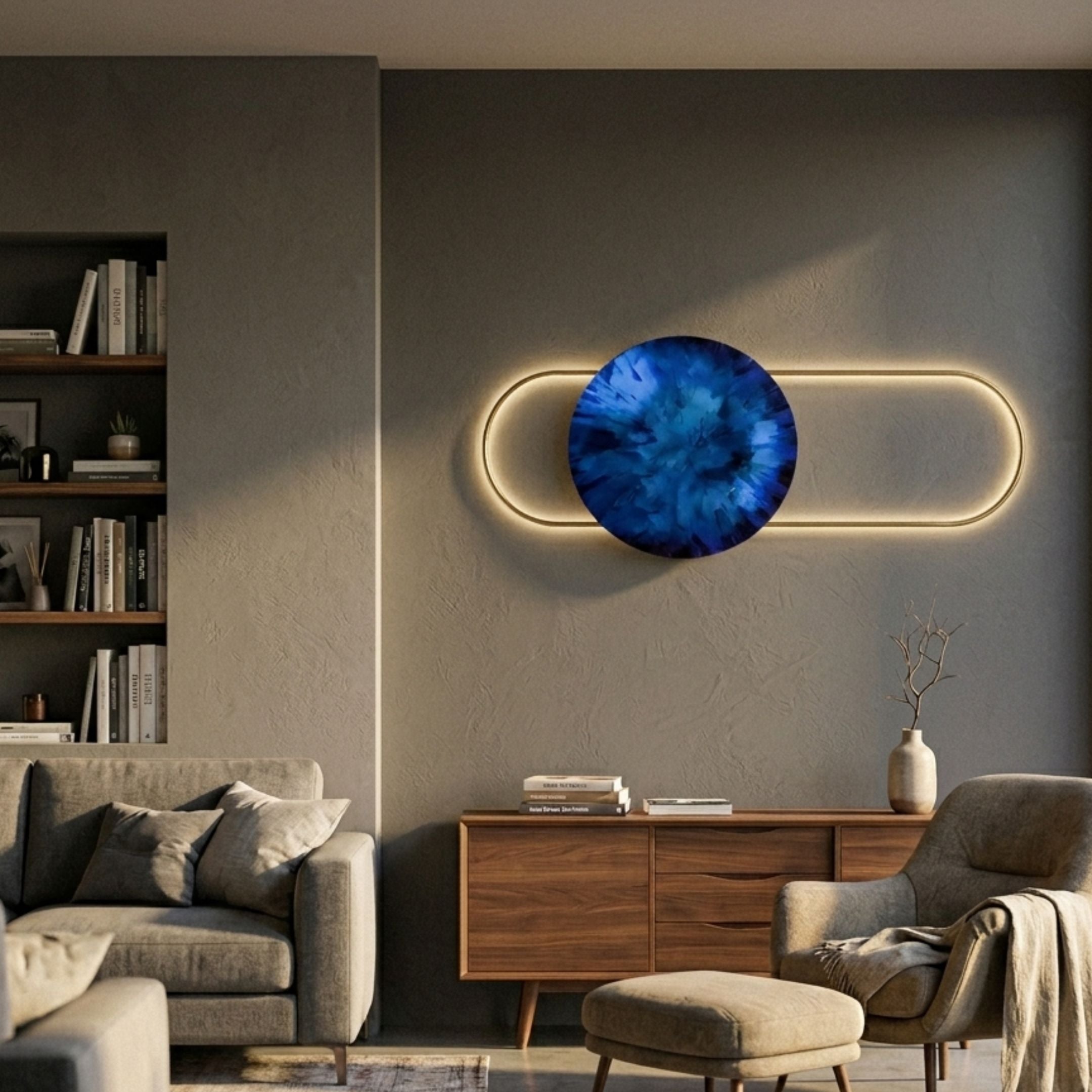 Vitreon Cobalt Blue Flat Crystal Porcelain Wall Art with gold LED-lit oval frame, mounted above a walnut sideboard in a modern living room.
