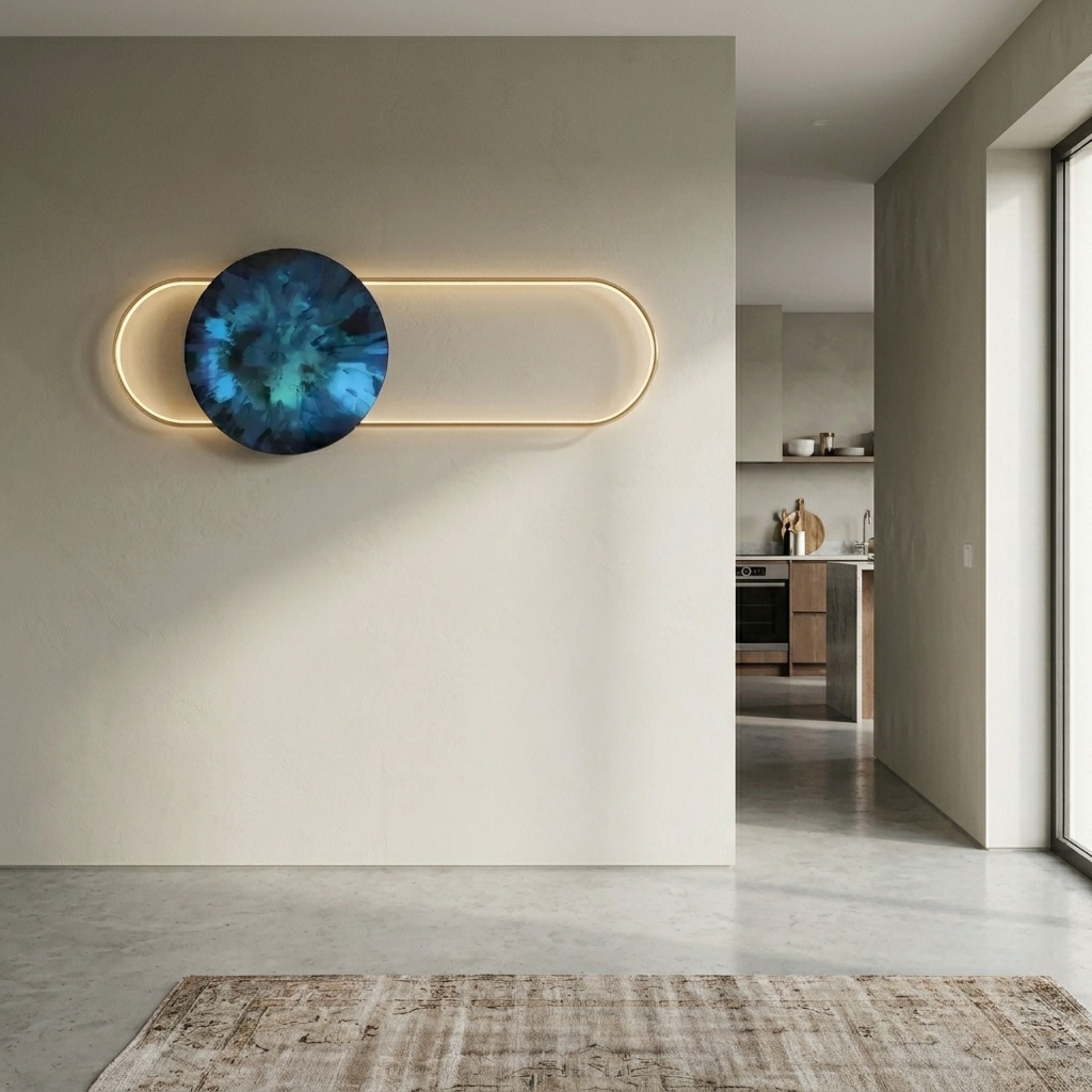 Vitreon Sapphire Flat Crystal Porcelain With Gold Accent Wall Art mounted in a minimalist hallway, deep blue marbled disc within a gold LED oval frame.