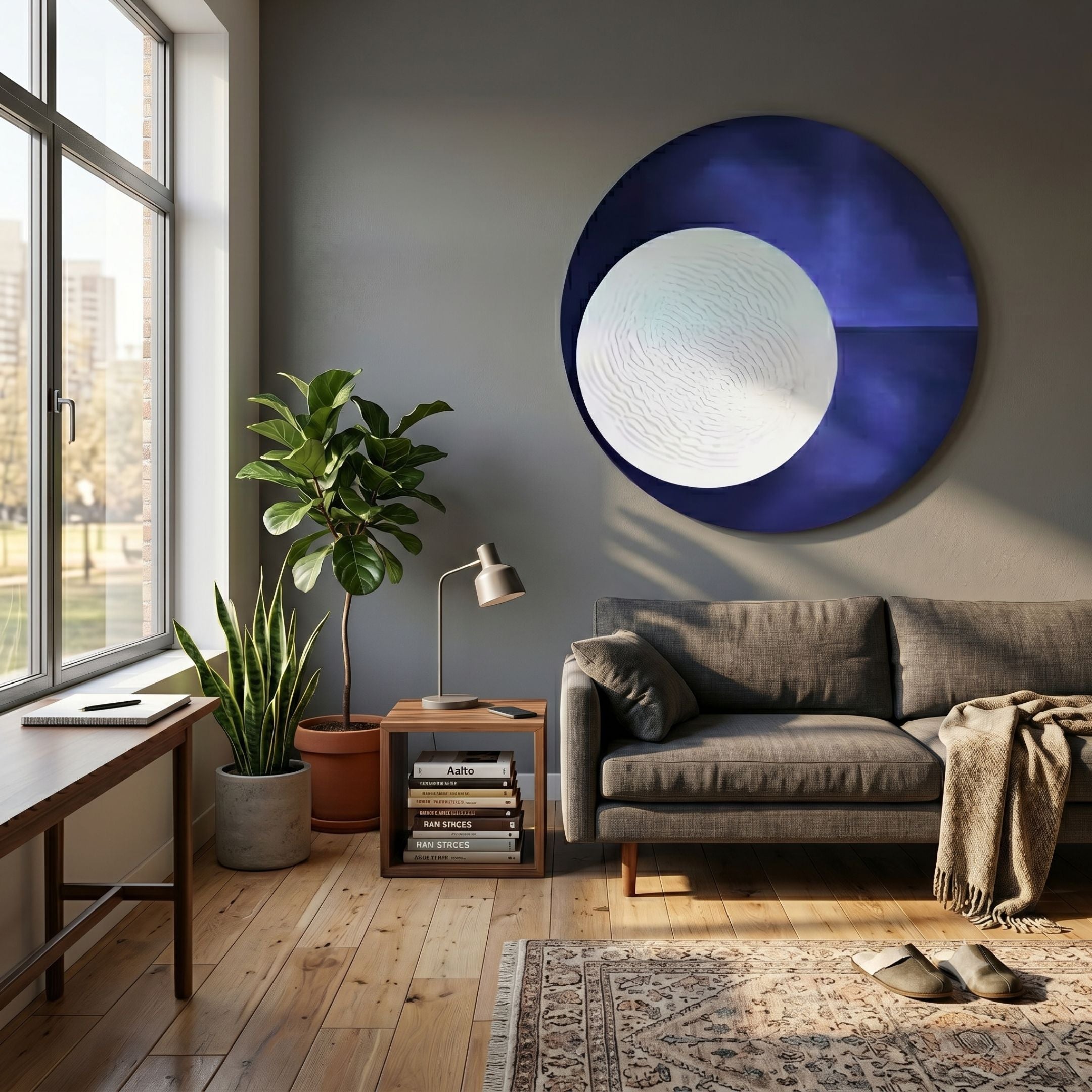 Flaria Twilight 3D LED Wall Art by Giant Sculptures, a textured white sandstone disc on a deep blue background, mounted above a grey sofa in a sunlit living room.