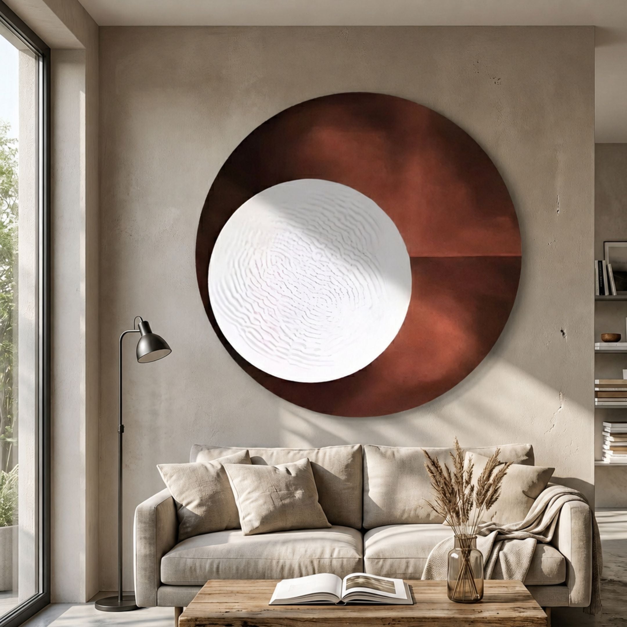 Flaria Crimson 3D LED Wall Art by Giant Sculptures, a large round sandstone-textured piece with white circle on crimson-brown base, mounted above a beige sofa.