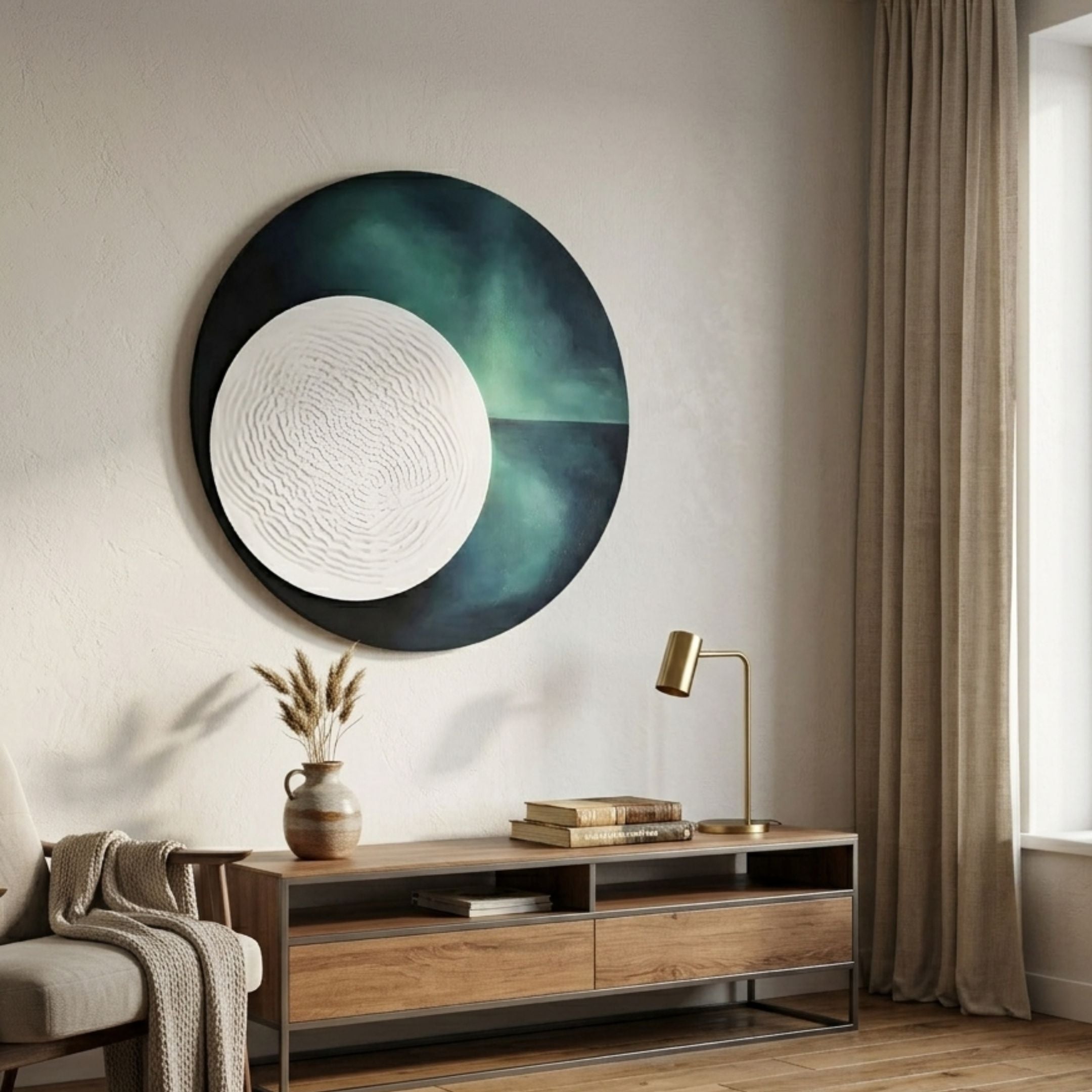 Flaria Emerald 3D LED Wall Art by Giant Sculptures, a round panel with textured white circle on emerald and black, above a wooden console with brass lamp.
