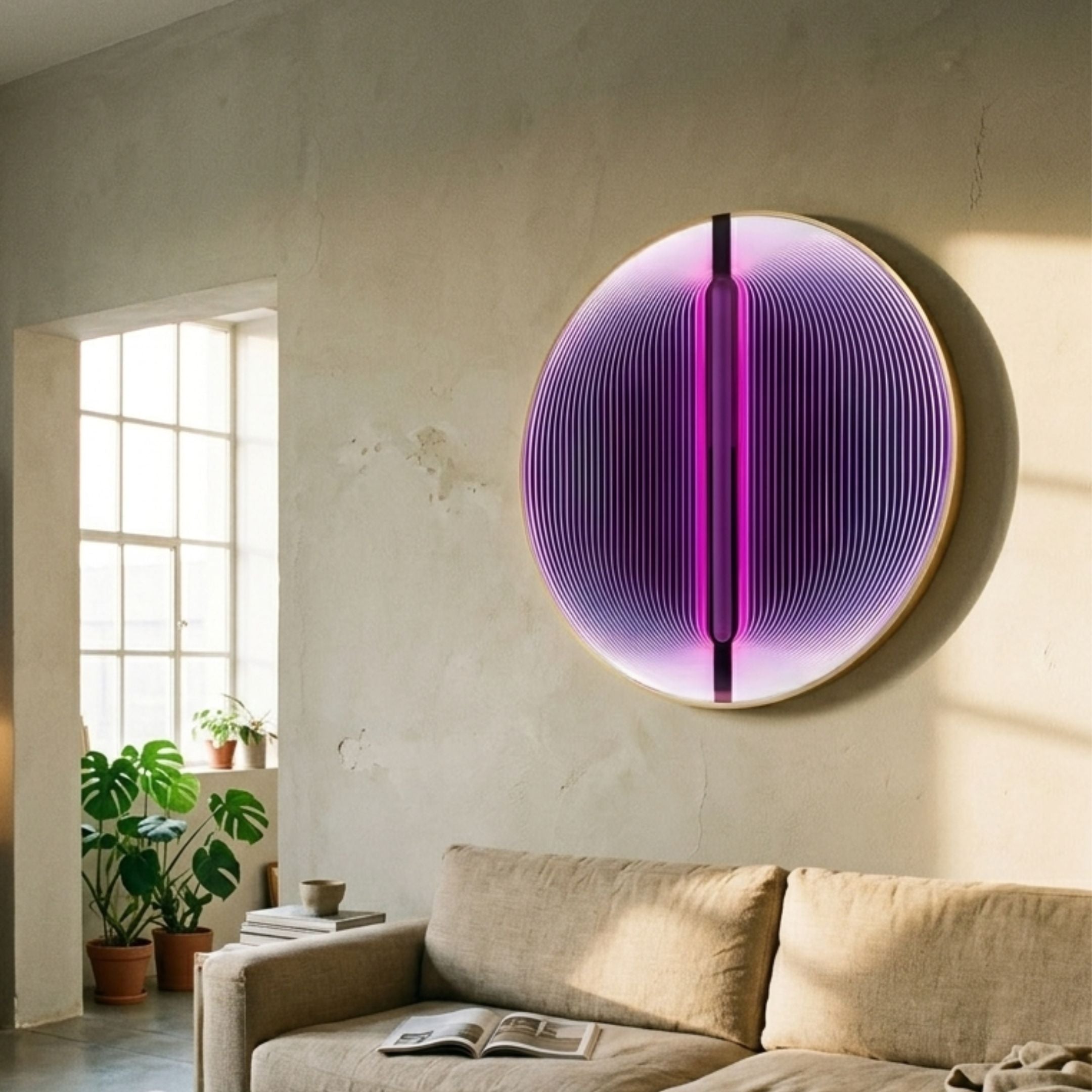 Onyx Sapphire Depth Acrylic 3D LED Wall Art by Giant Sculptures, a round piece with pink-purple gradient and concentric curves, mounted above a beige sofa.
