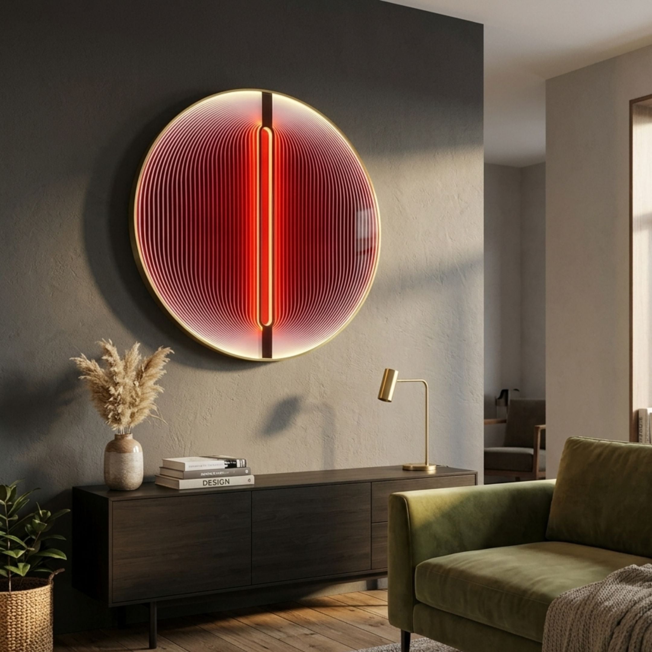 Onyx Flame Glow Acrylic 3D LED Wall Art by Giant Sculptures mounted above a dark sideboard in a living room with green sofa, pampas grass, and brass lamp.